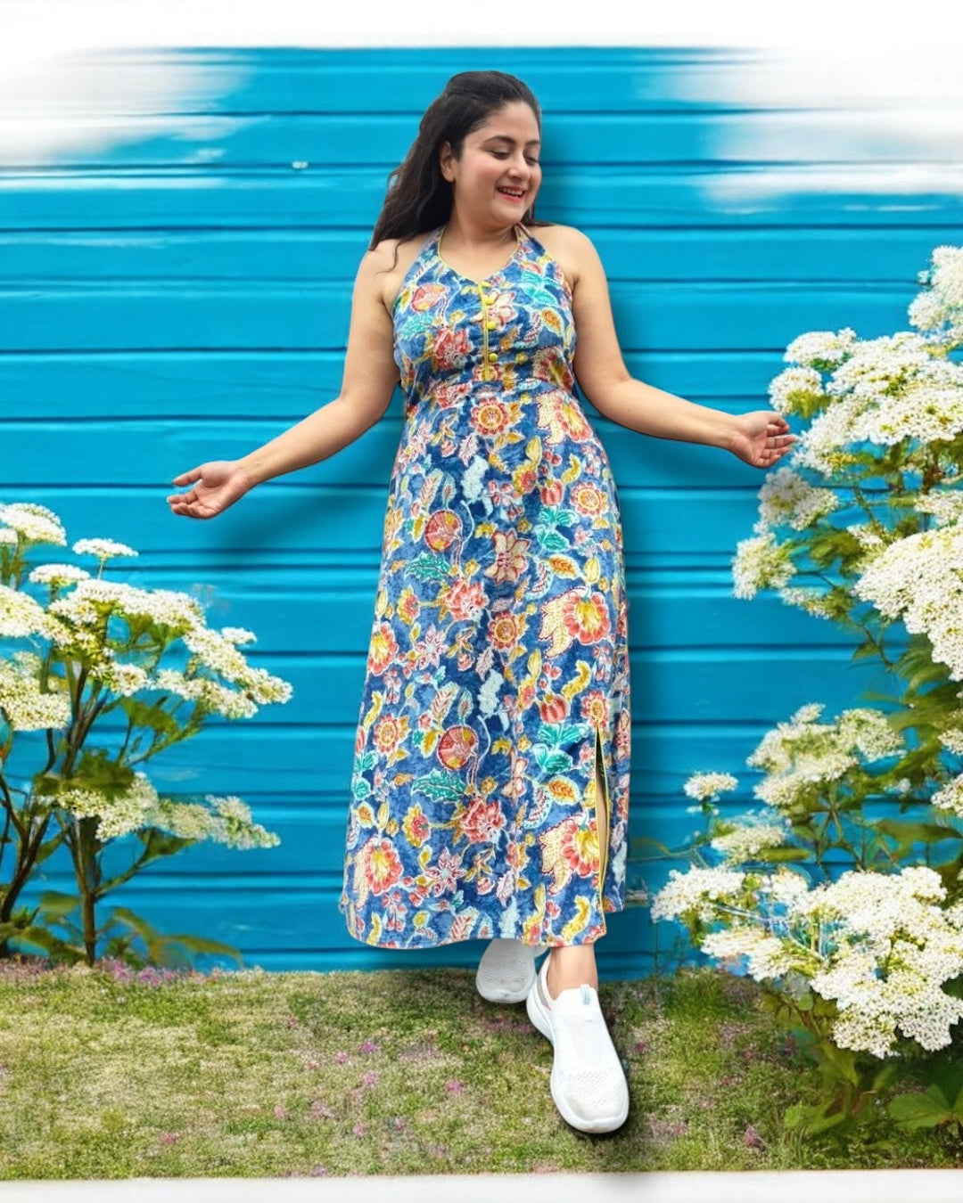 Shanaya Printed Cotton Halterneck Long Dress