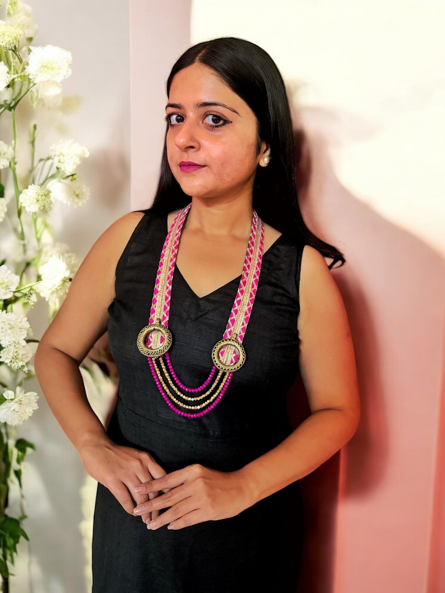 ranisa-hot-pink-zari-and-dokra-brass-long-necklace