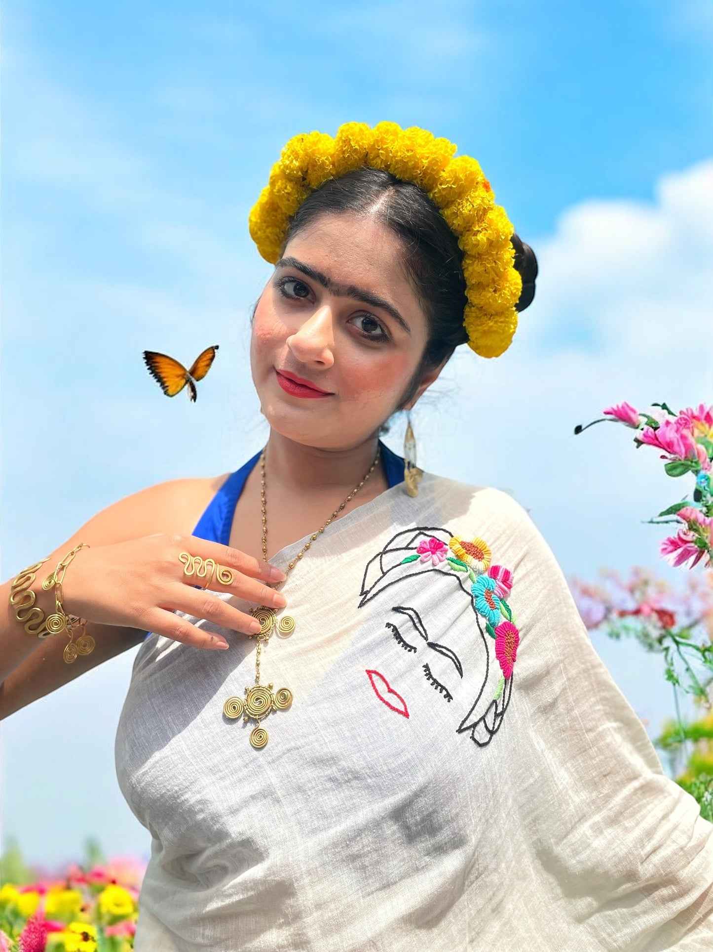 Free as Frida Hand-Embroidered Cotton Saree - Off White