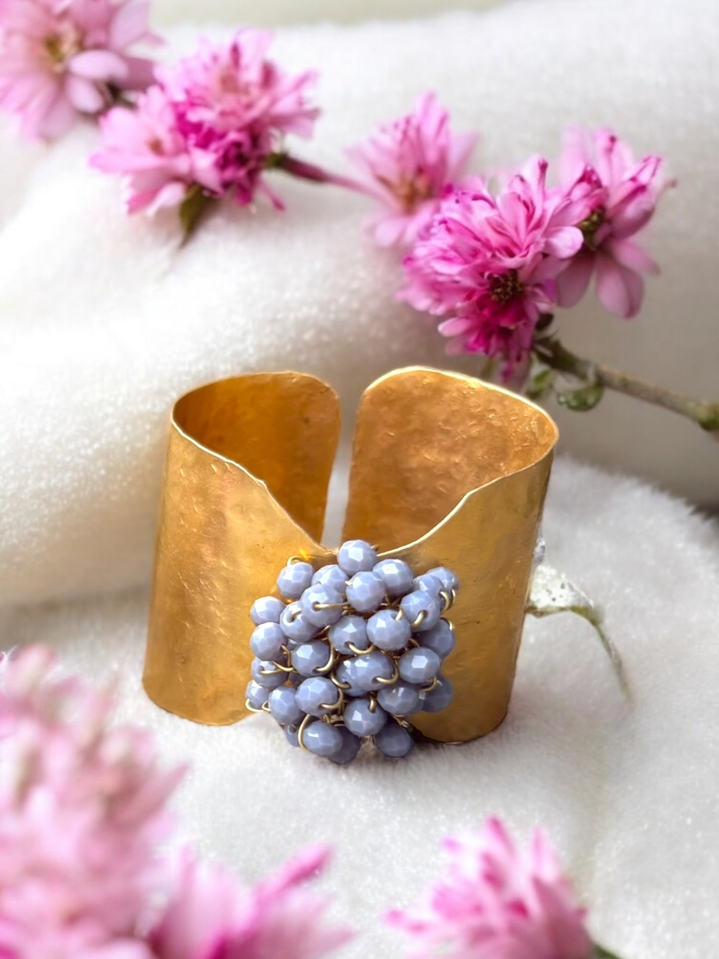 Flower Bouquet Cuff Crystal and Brass Bracelet - Gray