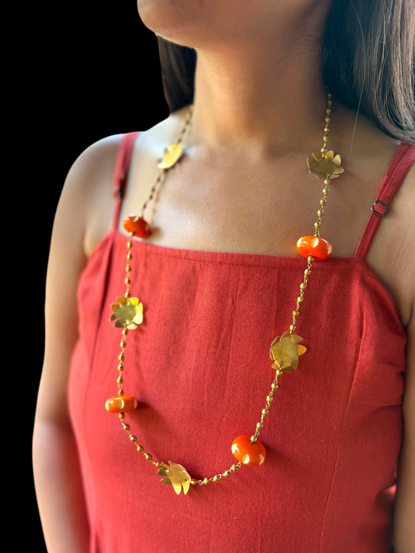 Shiuli Orange Beaded Brass Chain Necklace