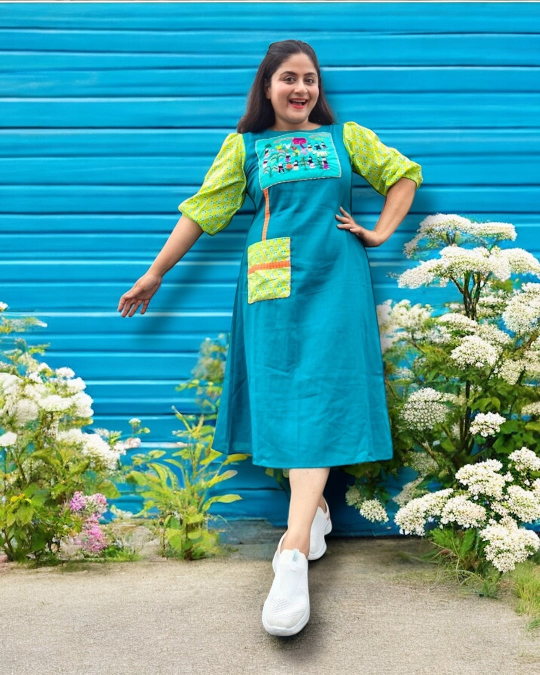 Amelia Patchwork Puff Sleeved Midi Cotton Dress - Turquoise Blue