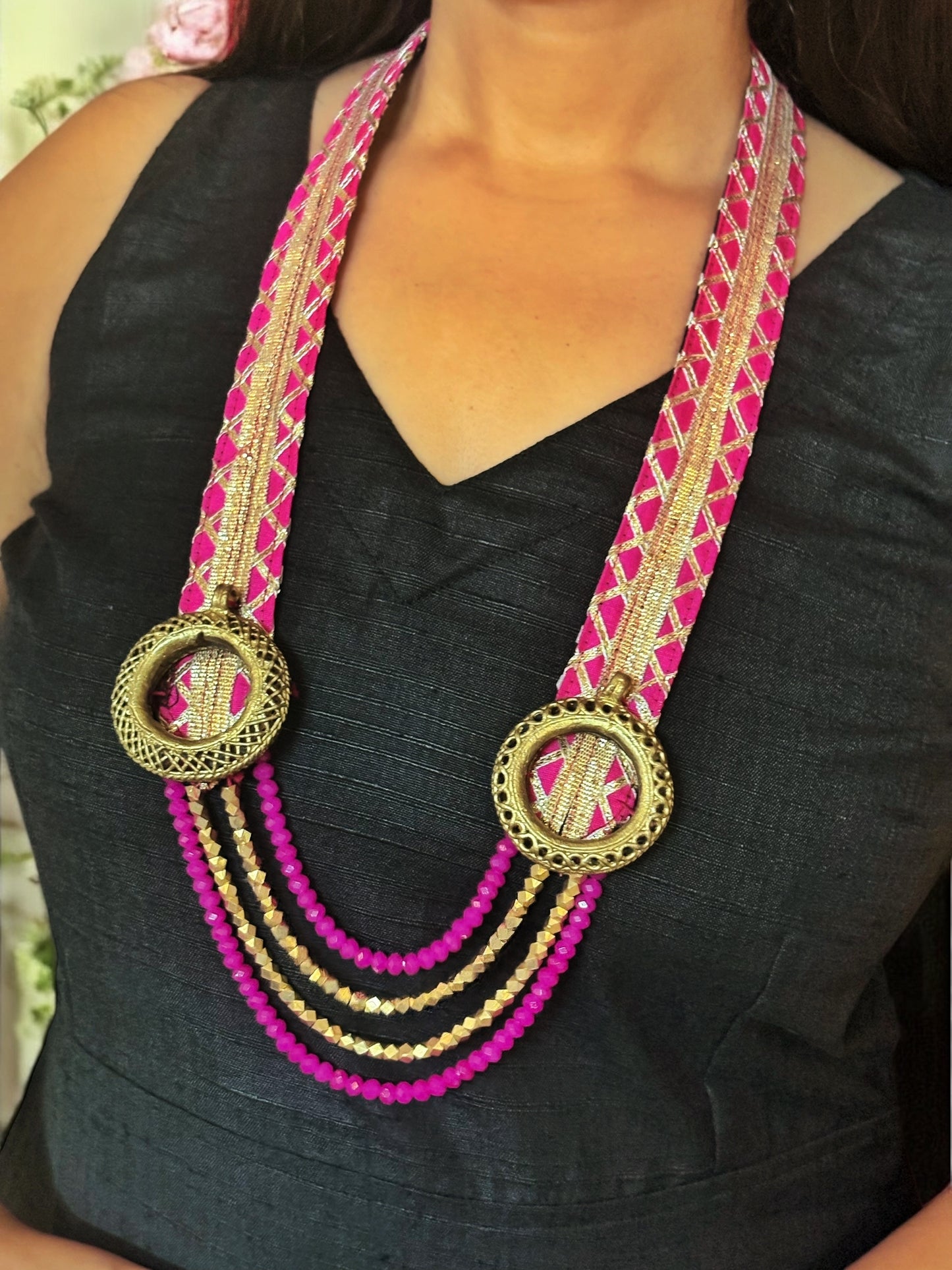 ranisa-hot-pink-zari-and-dokra-brass-long-necklace