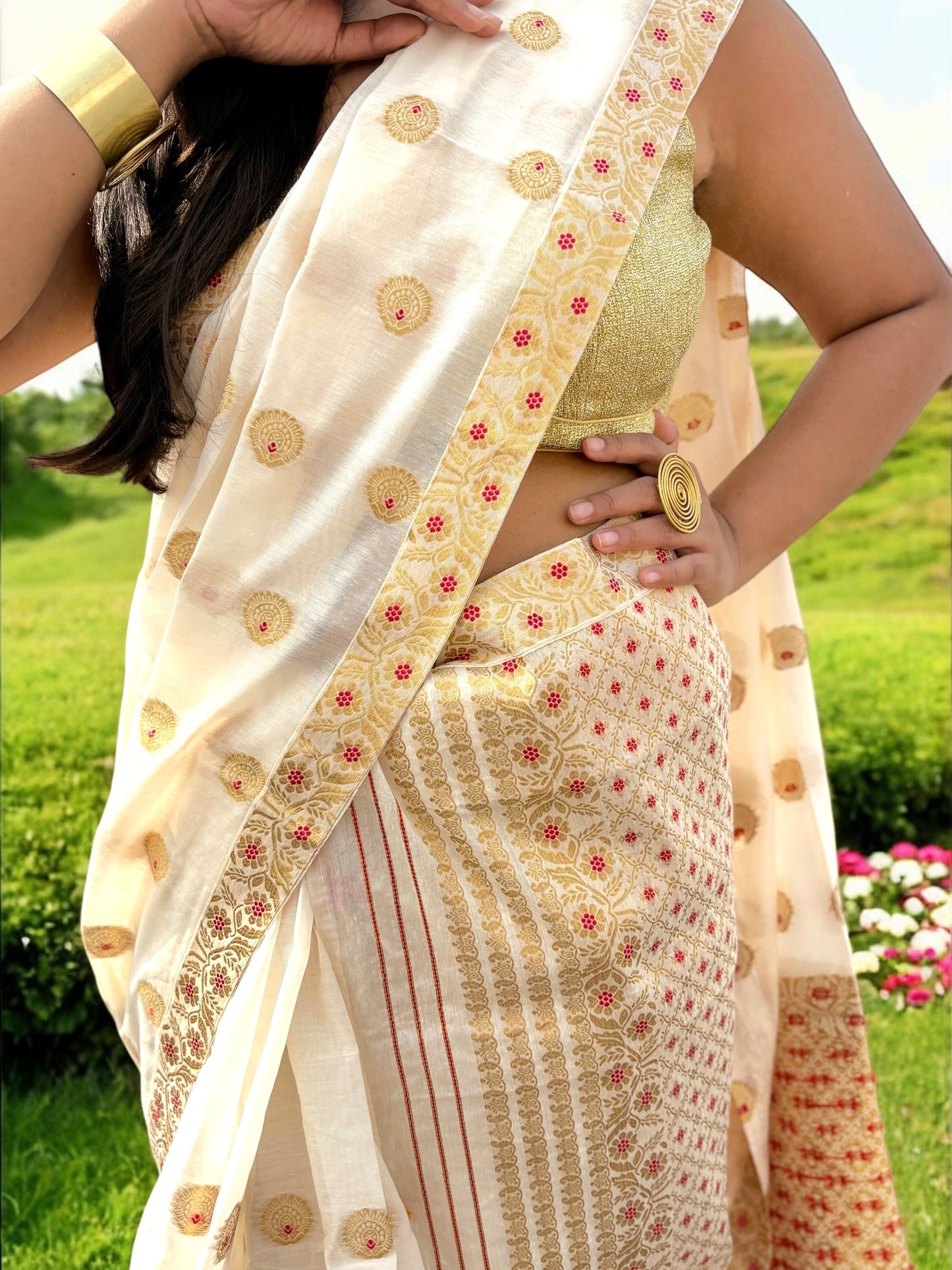 Swarna Cream & Gold Mekhela Chador Half Saree
