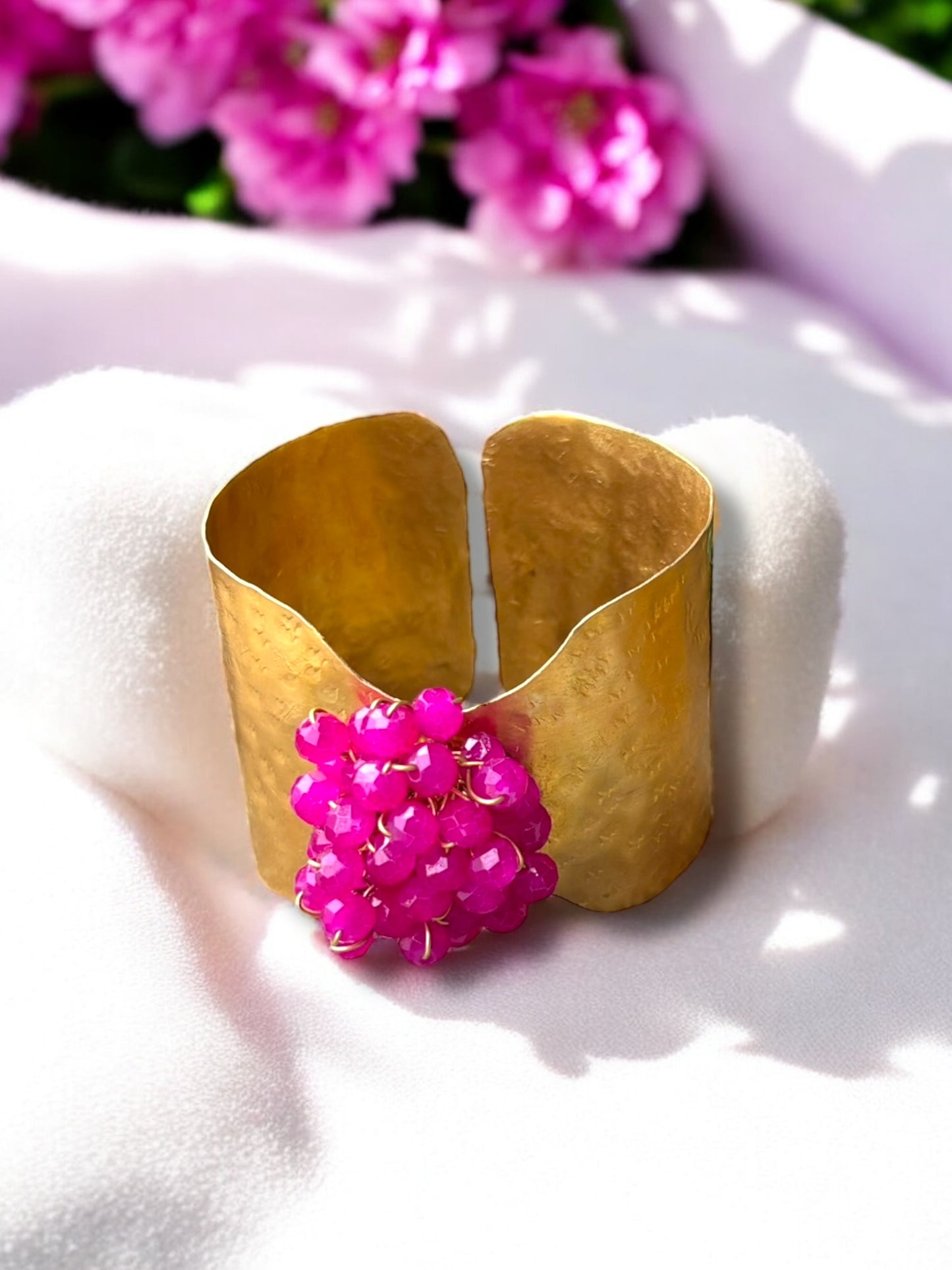 Flower Bouquet Cuff Crystal and Brass Bracelet - Pink