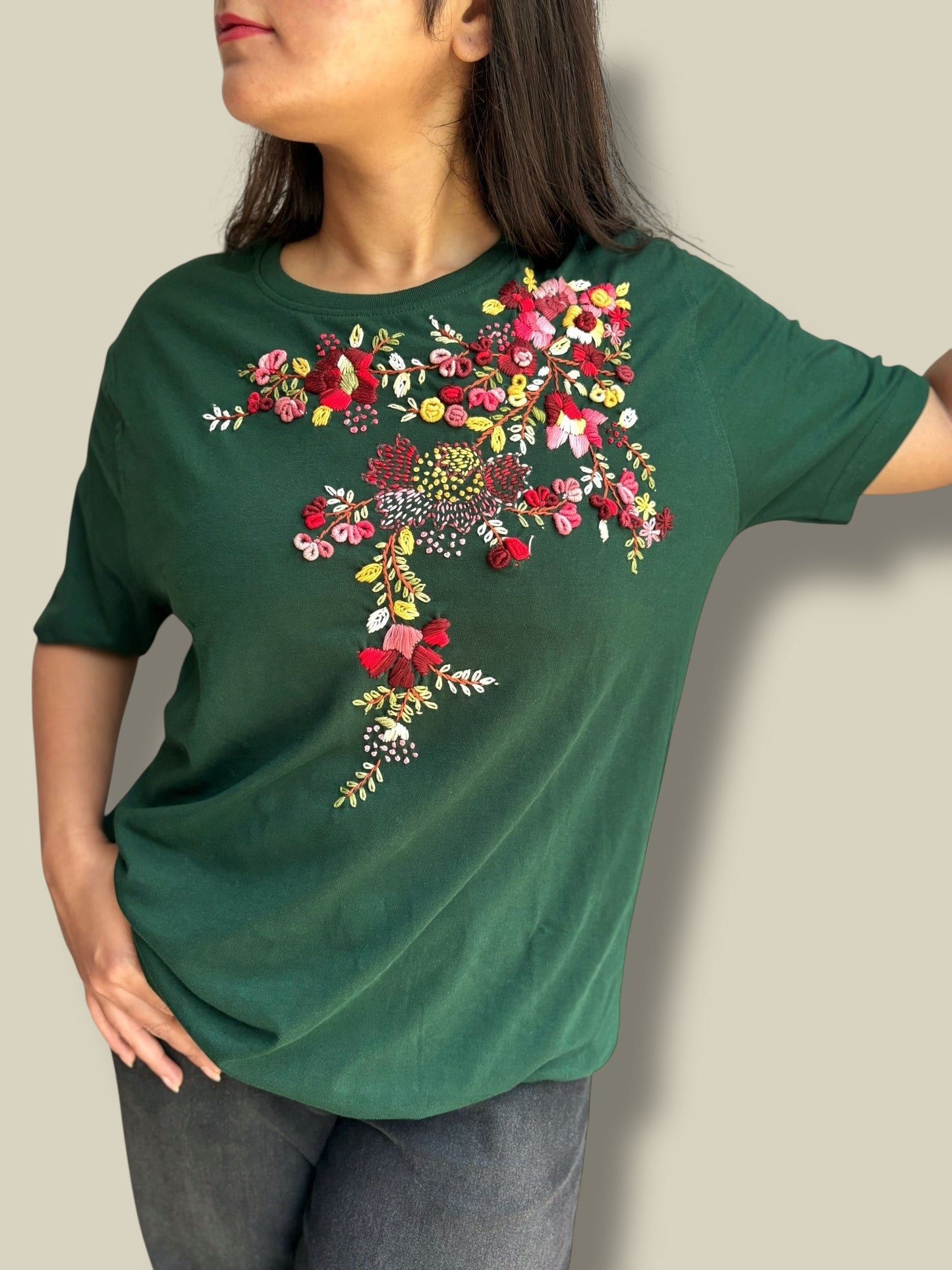 Hana Embroidered T-shirt Top - Green Shoulder