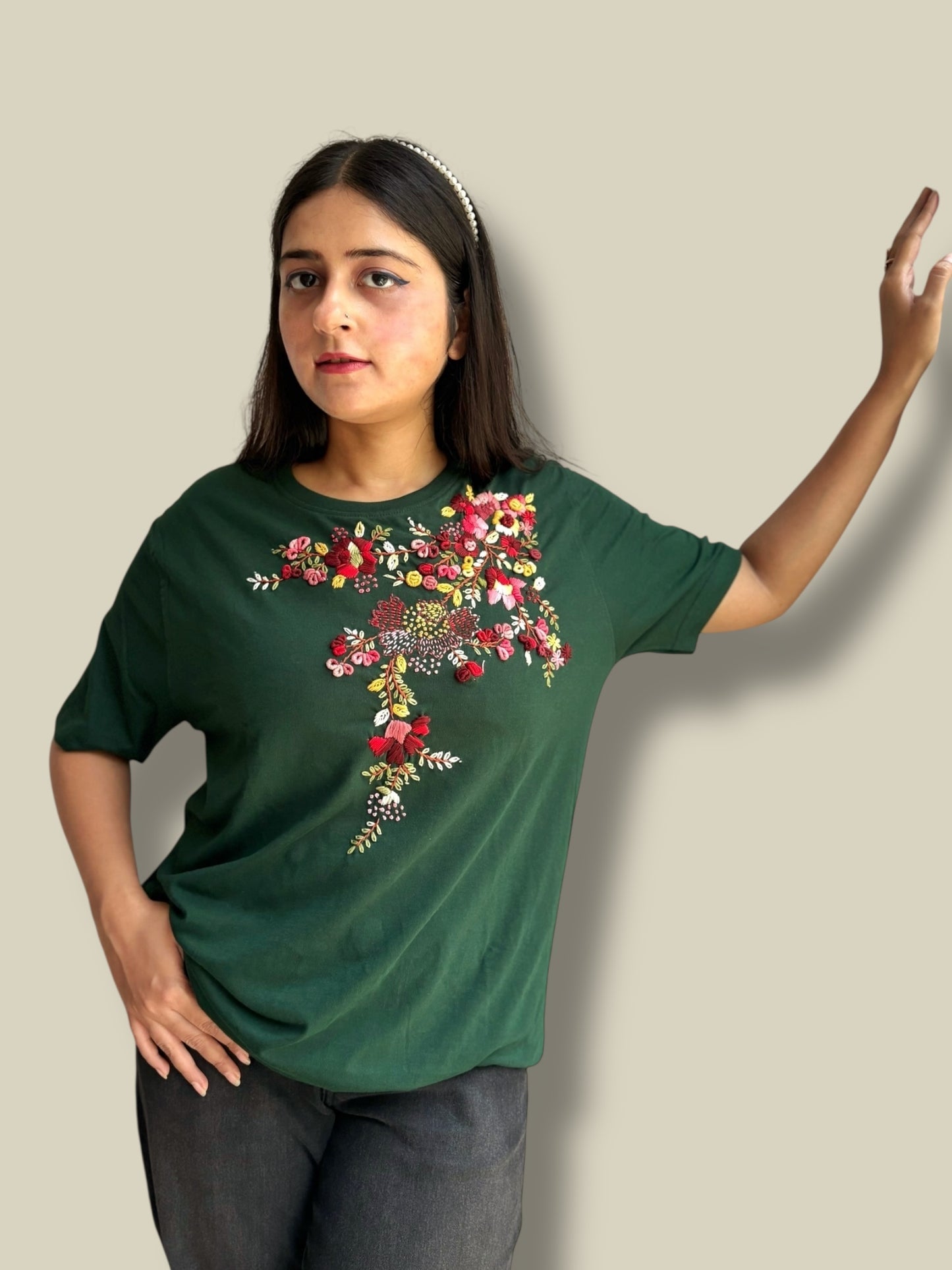 Hana Embroidered T-shirt Top - Green Shoulder