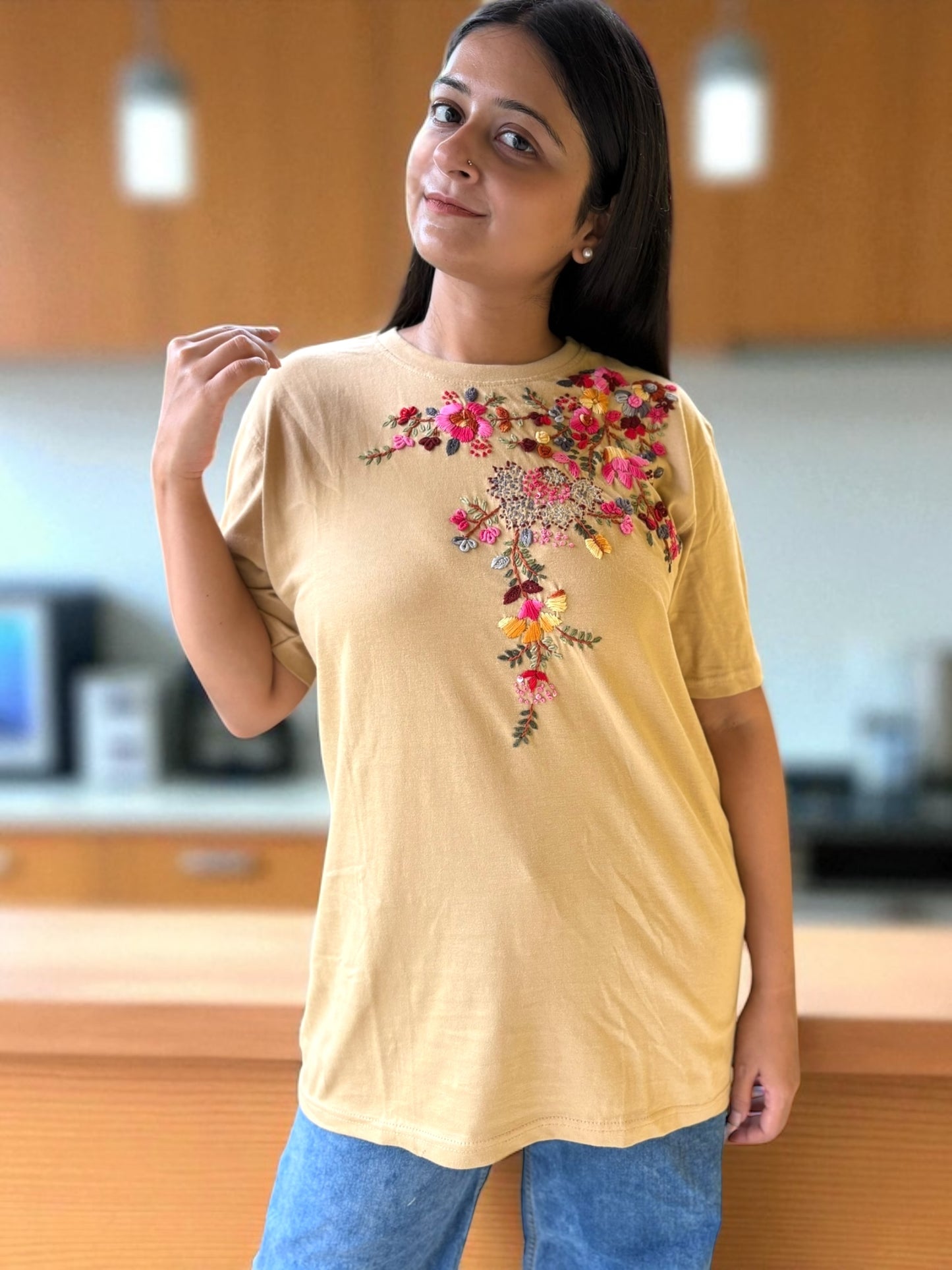 Hana Embroidered T-shirt Top - Beige Shoulder