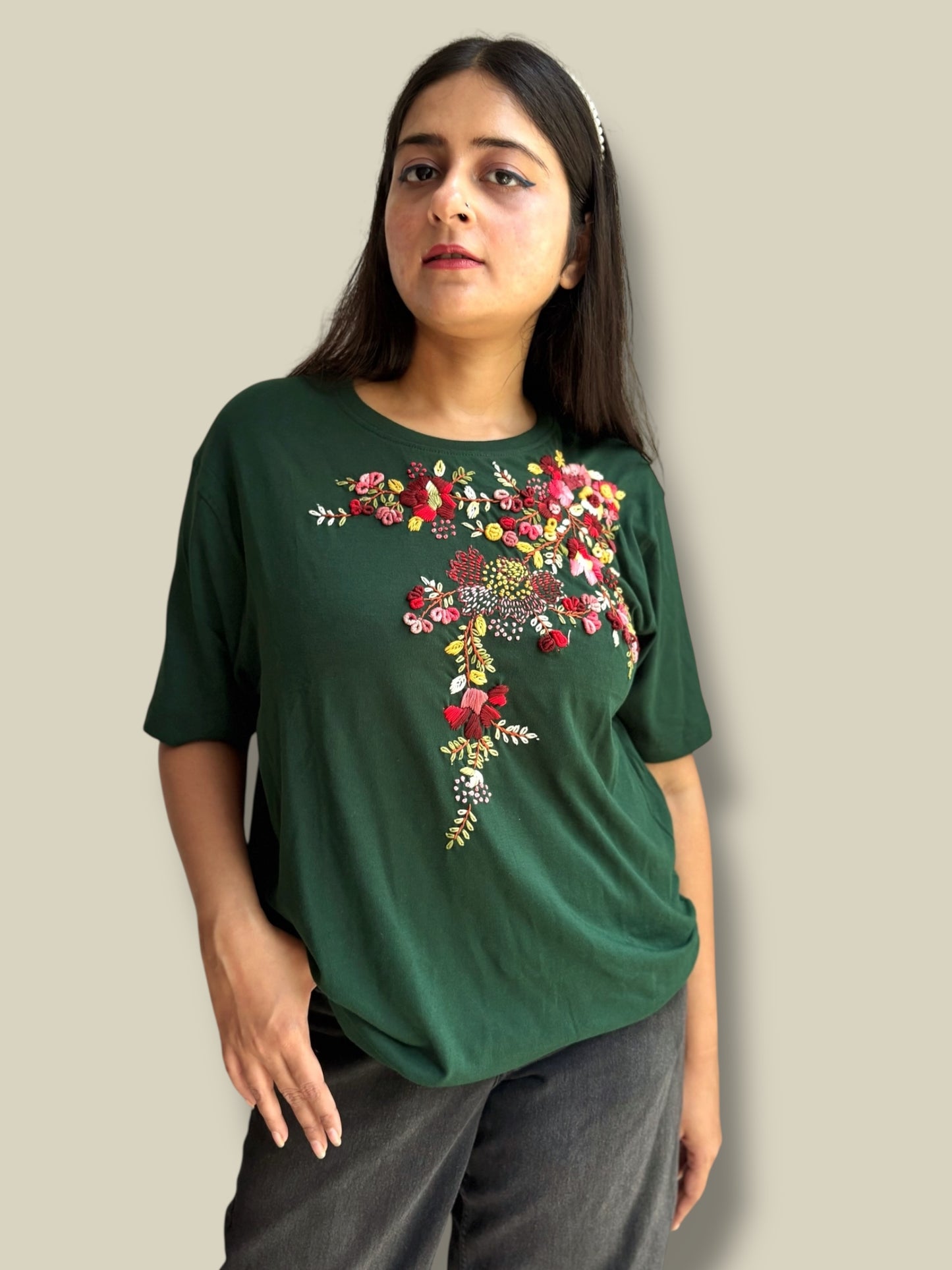 Hana Embroidered T-shirt Top - Green Shoulder