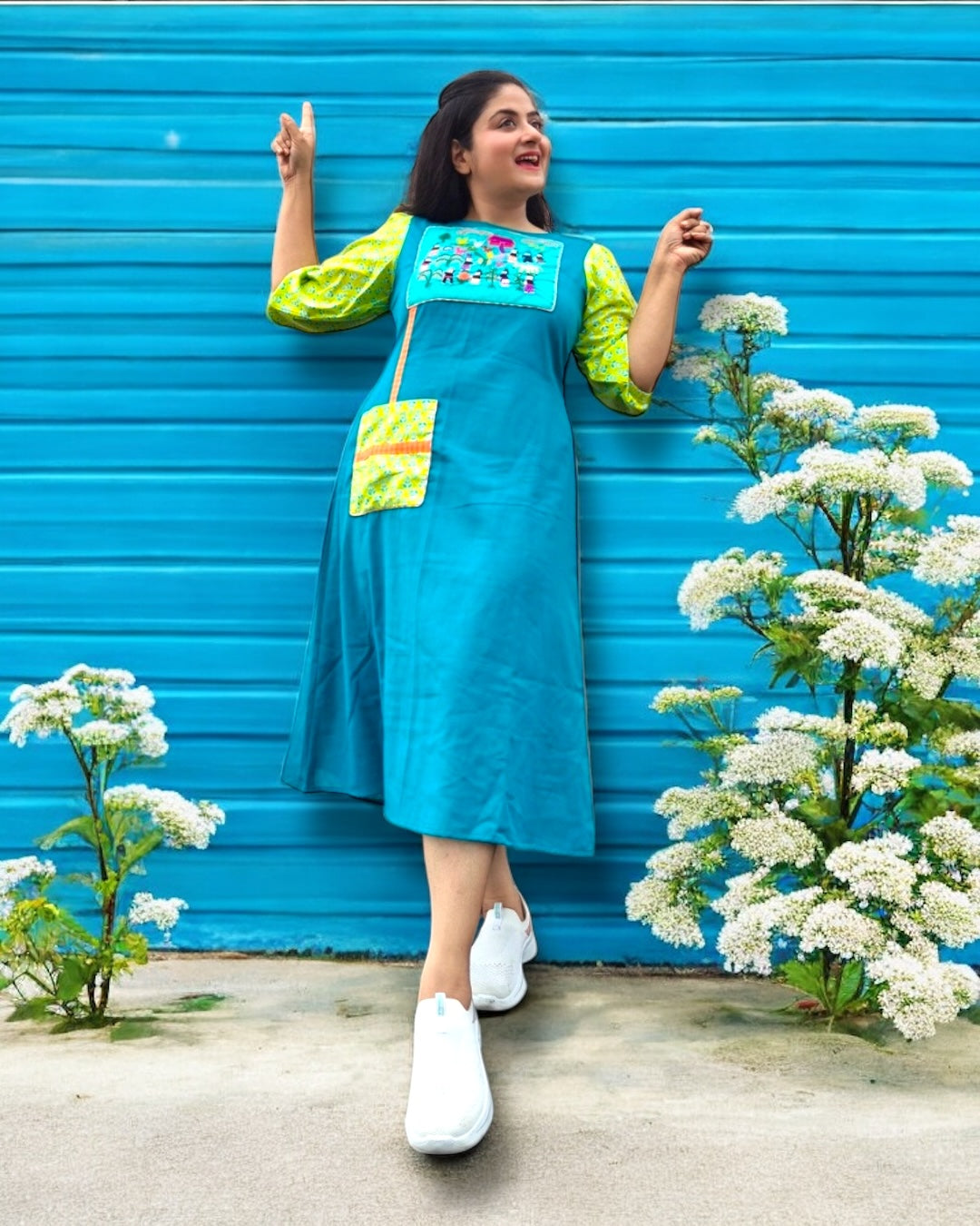 Amelia Patchwork Puff Sleeved Midi Cotton Dress - Turquoise Blue