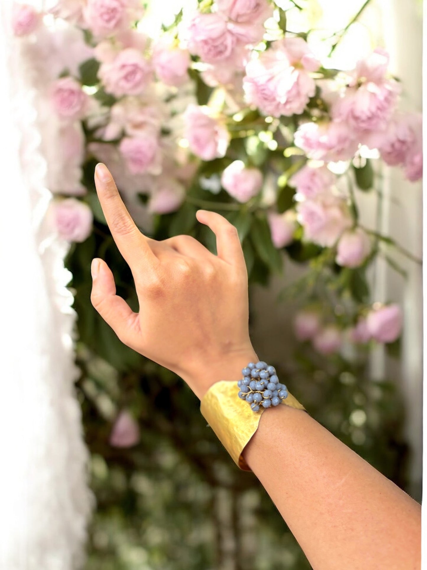 Flower Bouquet Cuff Crystal and Brass Bracelet - Gray