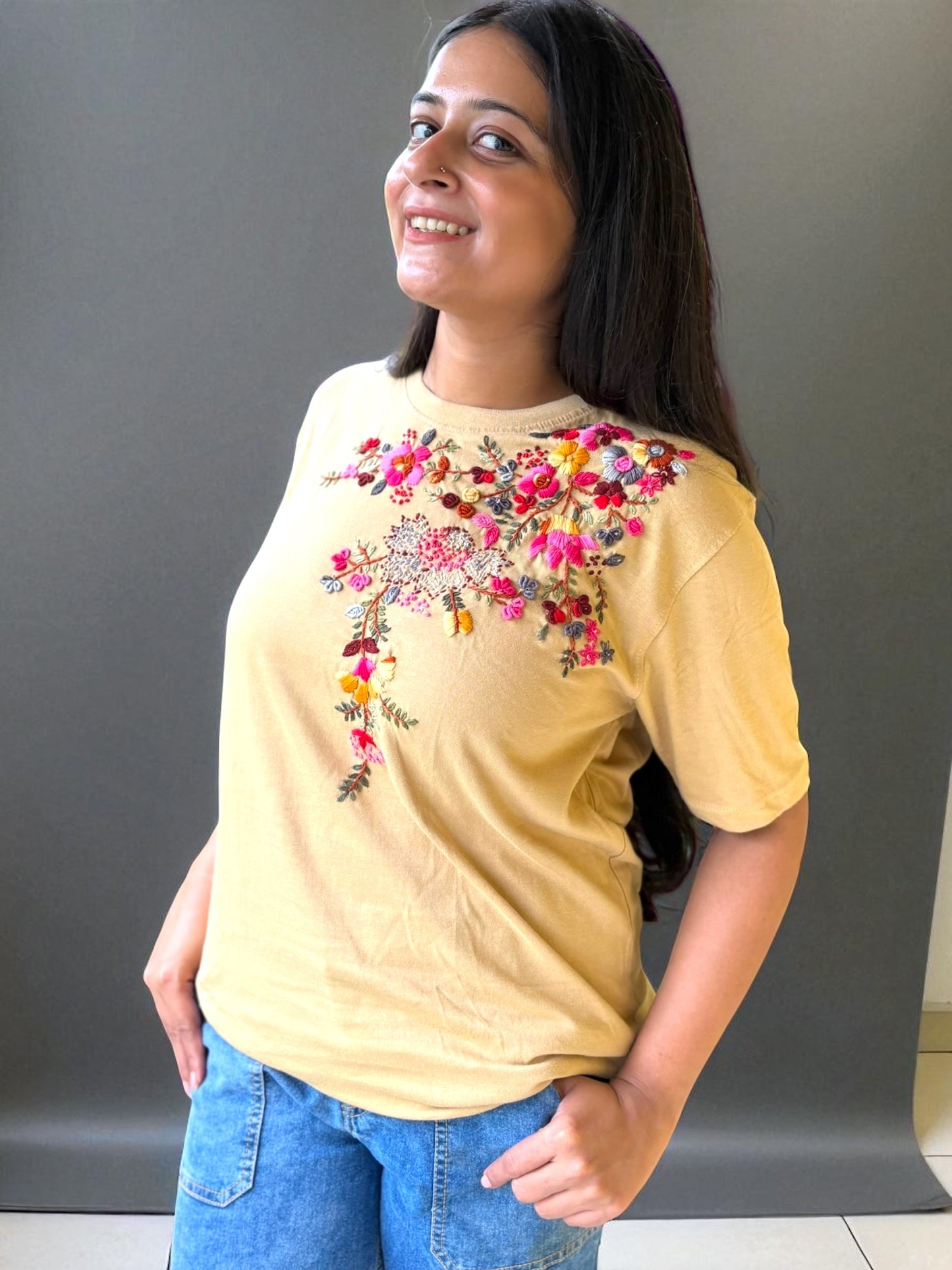 Hana Embroidered T-shirt Top - Beige Shoulder
