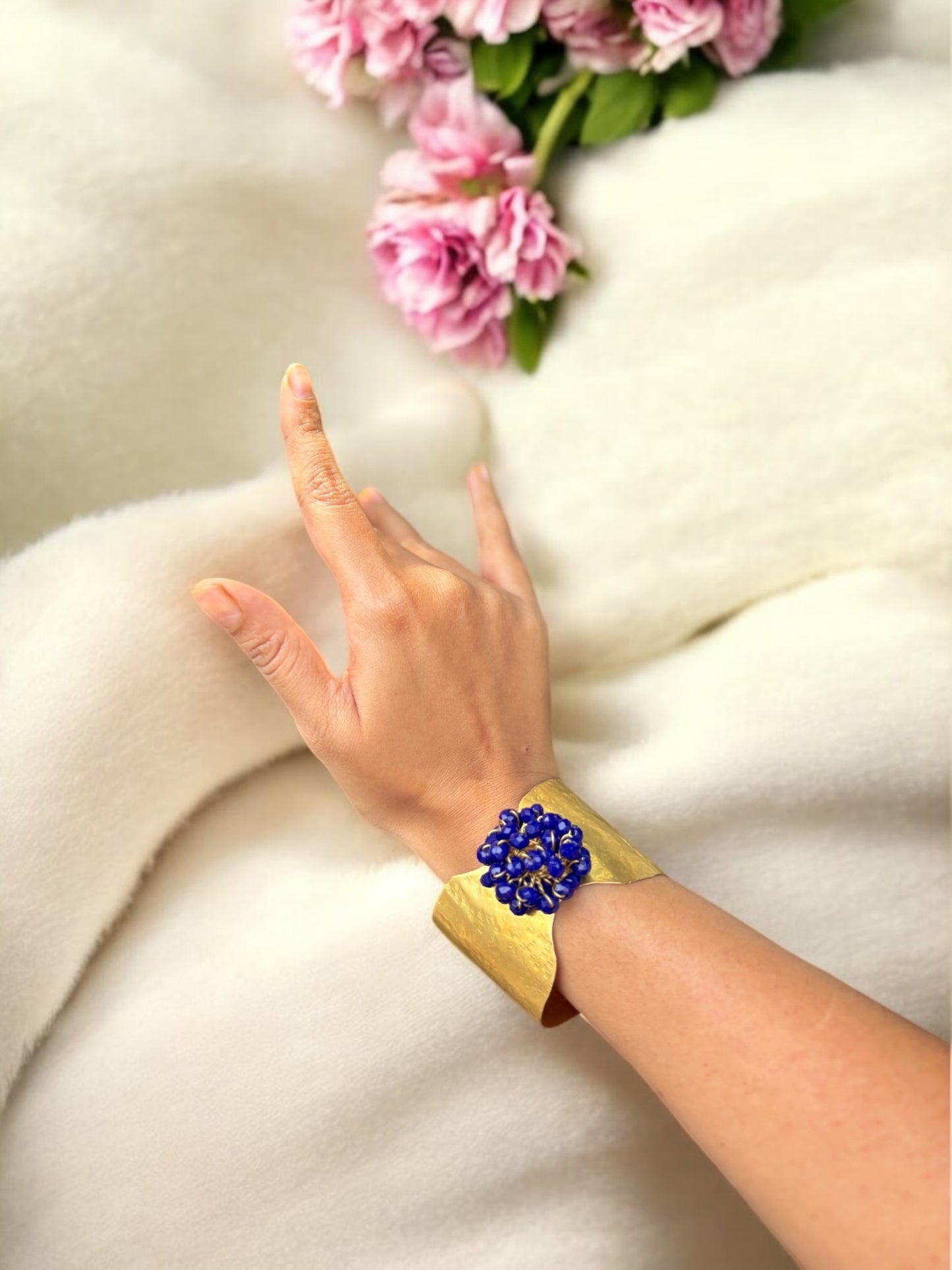 Flower Bouquet Cuff Crystal and Brass Bracelet - Blue