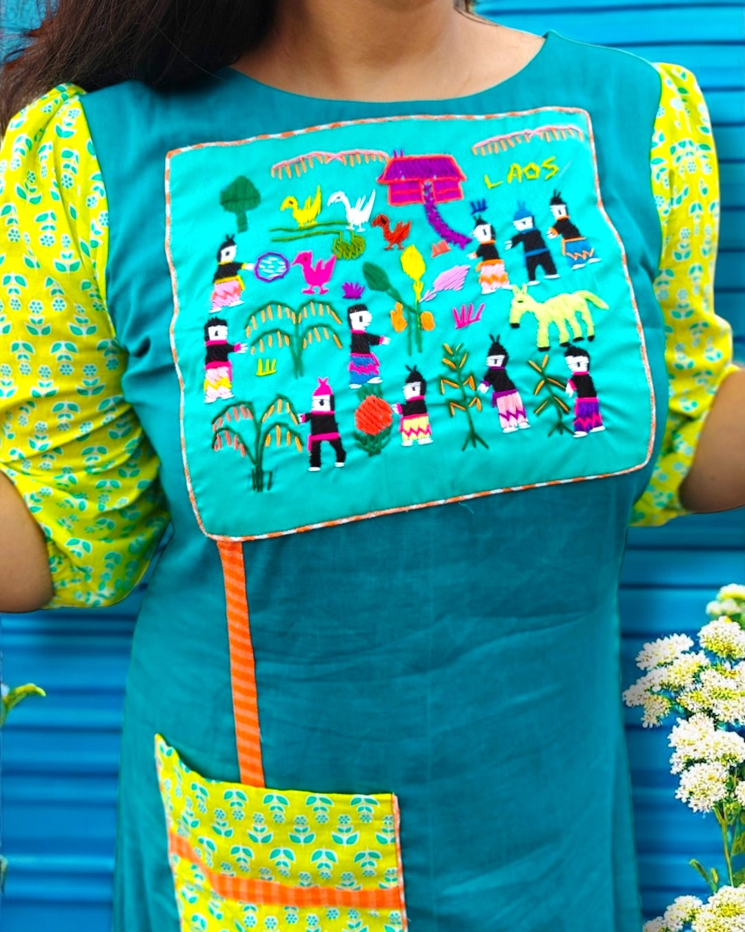 Amelia Patchwork Puff Sleeved Midi Cotton Dress - Turquoise Blue