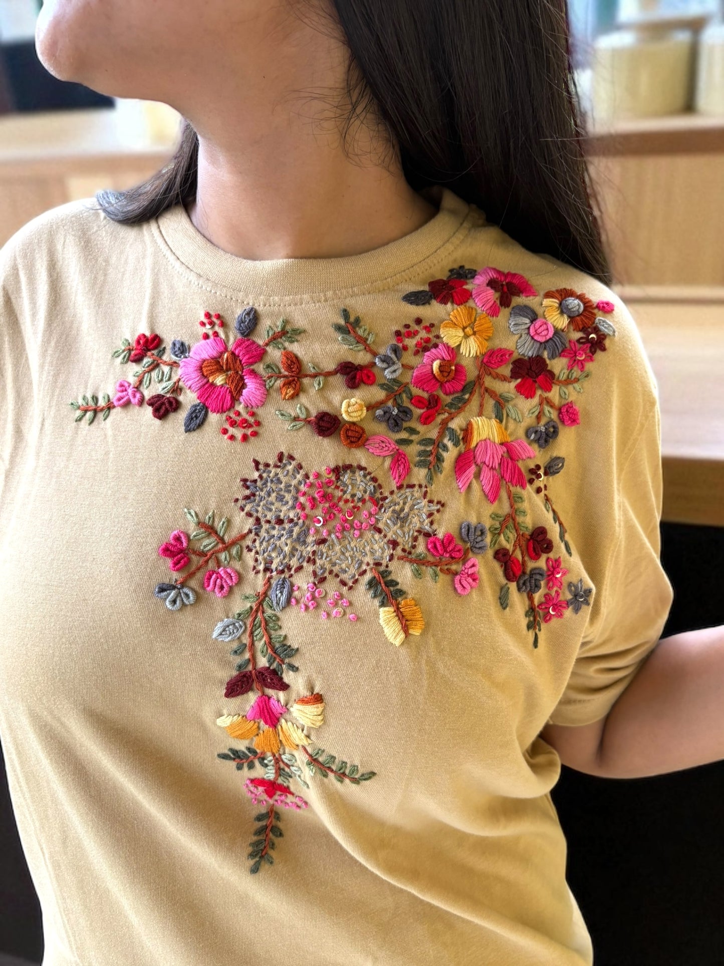 Hana Embroidered T-shirt Top - Beige Shoulder