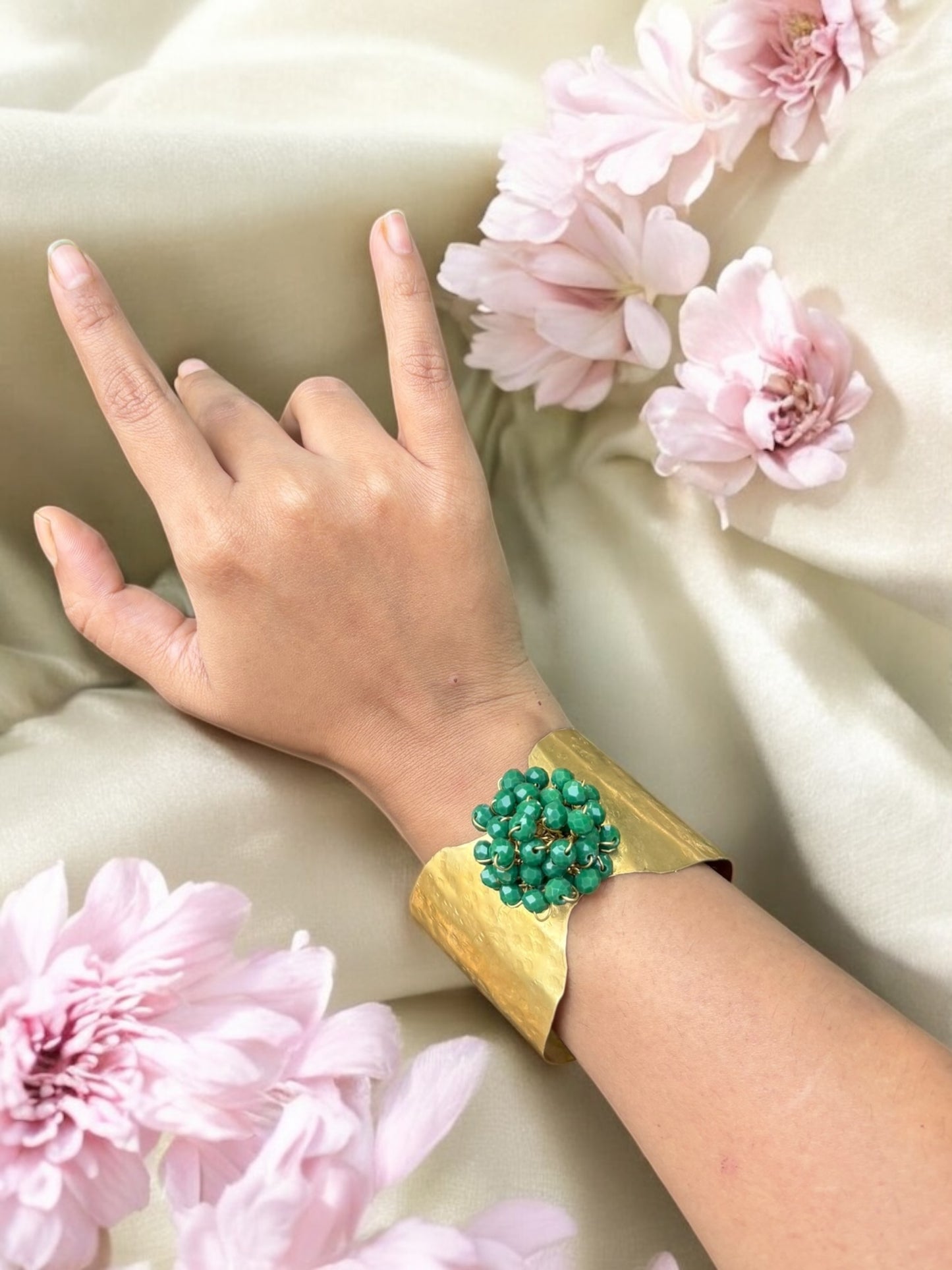 Flower Bouquet Cuff Crystal and Brass Bracelet - Green