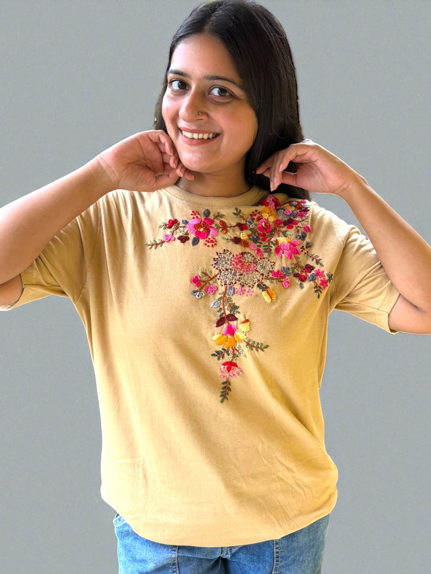 Hana Embroidered T-shirt Top - Beige Shoulder