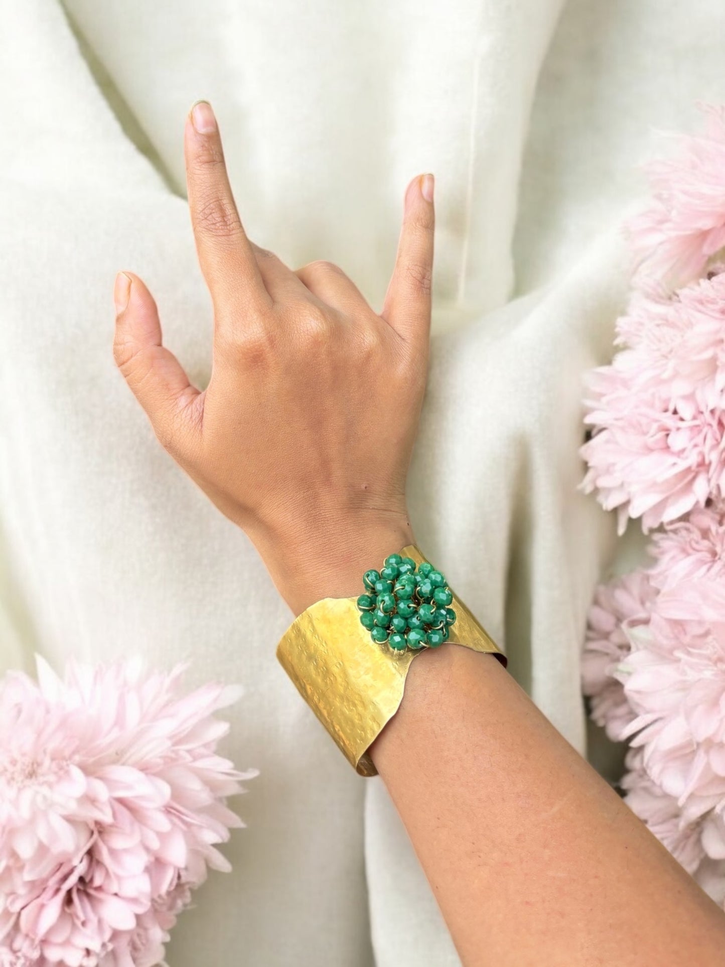 Flower Bouquet Cuff Crystal and Brass Bracelet - Green