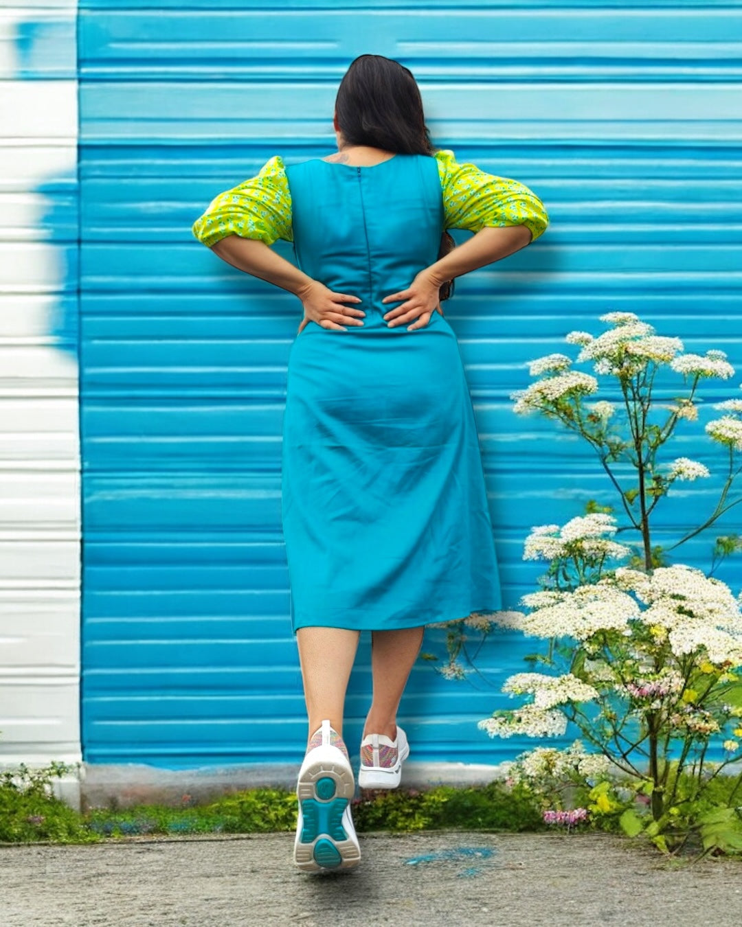 Amelia Patchwork Puff Sleeved Midi Cotton Dress - Turquoise Blue