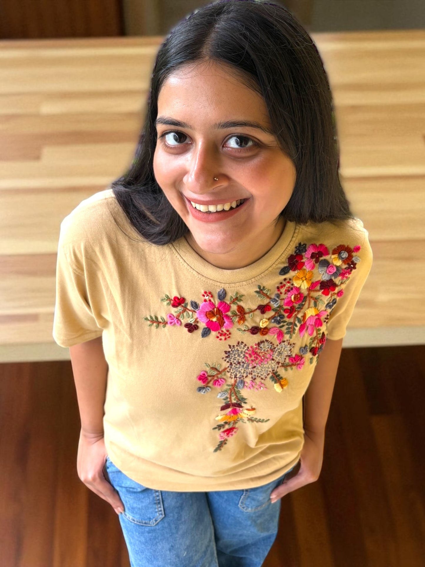 Hana Embroidered T-shirt Top - Beige Shoulder