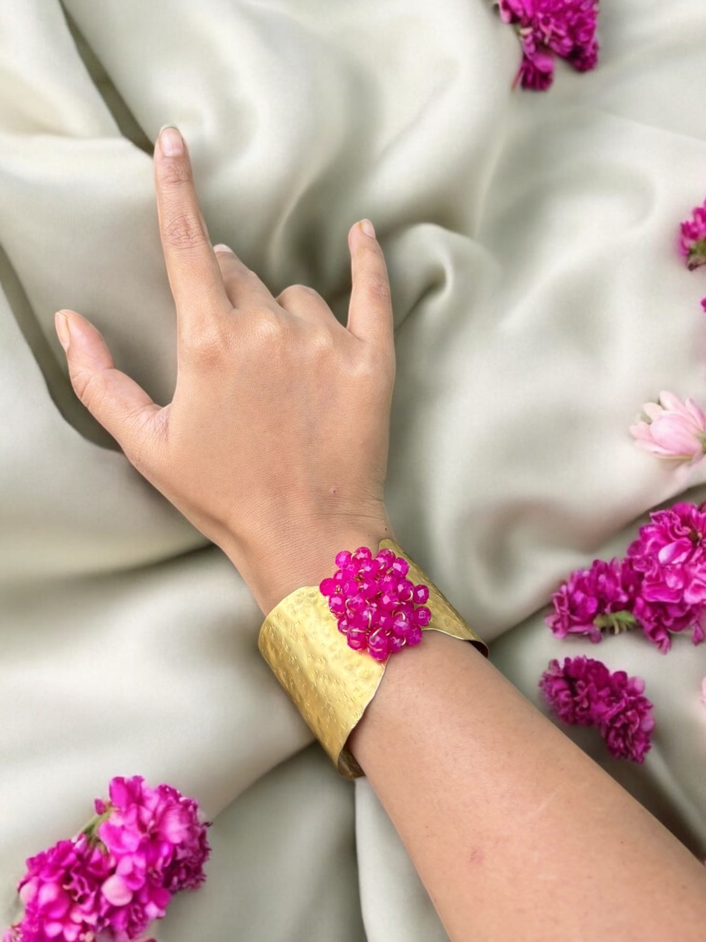 Flower Bouquet Cuff Crystal and Brass Bracelet - Pink