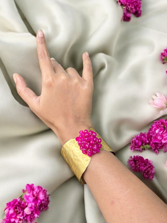 Flower Bouquet Cuff Crystal and Brass Bracelet - Pink