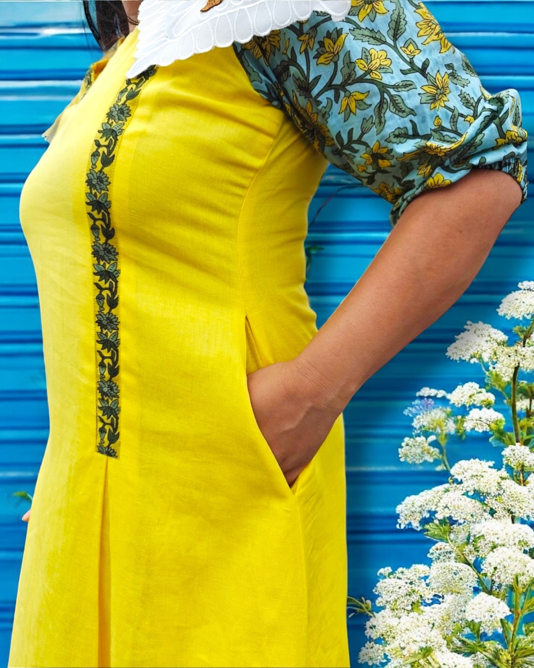 Sunshine Collared Puff Sleeved Midi Cotton Dress - Yellow