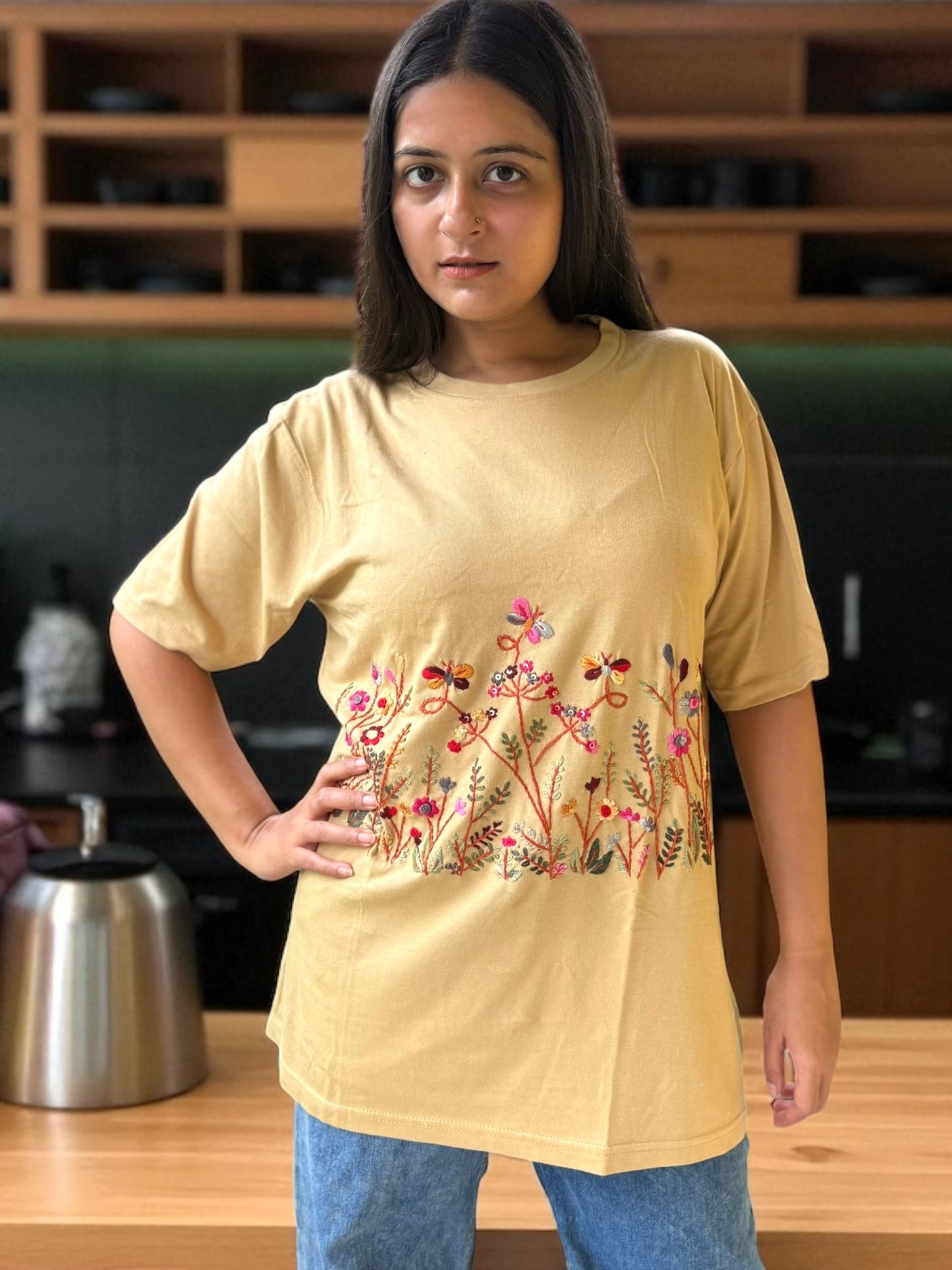 Hana Embroidered T-shirt Top - Beige Front