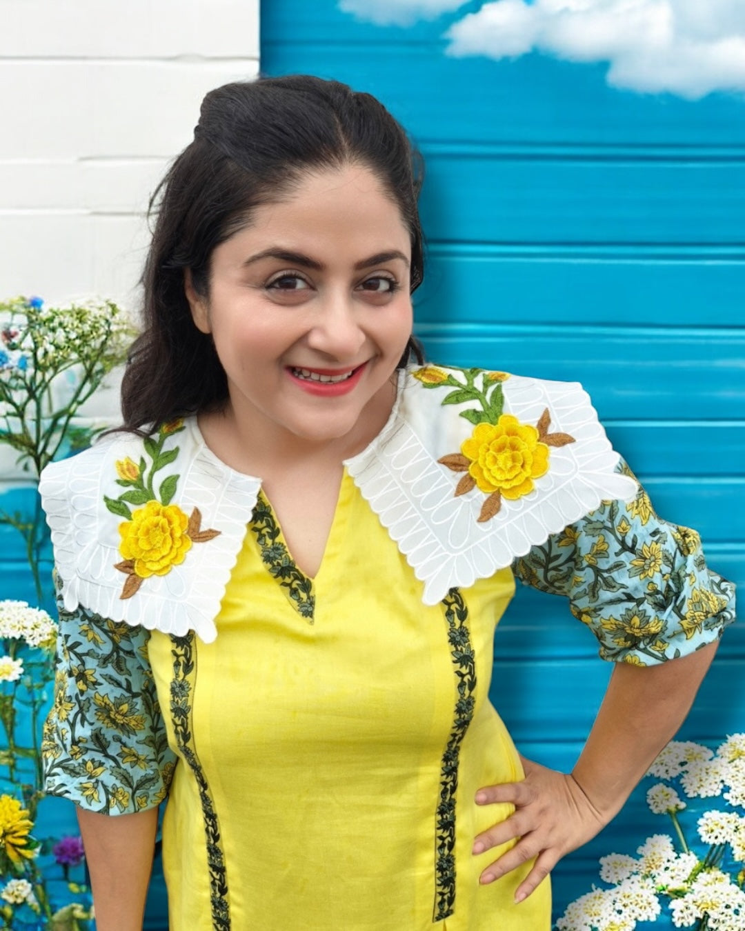 Sunshine Collared Puff Sleeved Midi Cotton Dress - Yellow