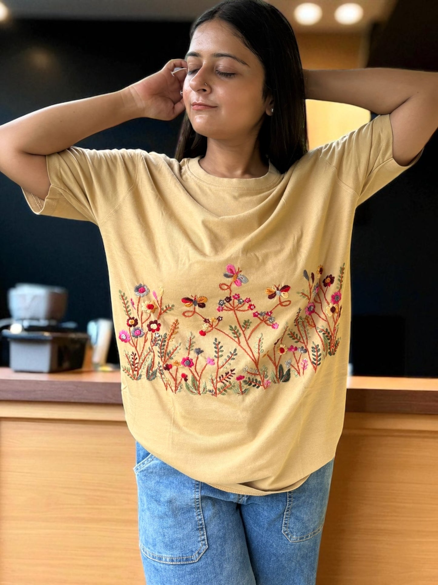 Hana Embroidered T-shirt Top - Beige Front