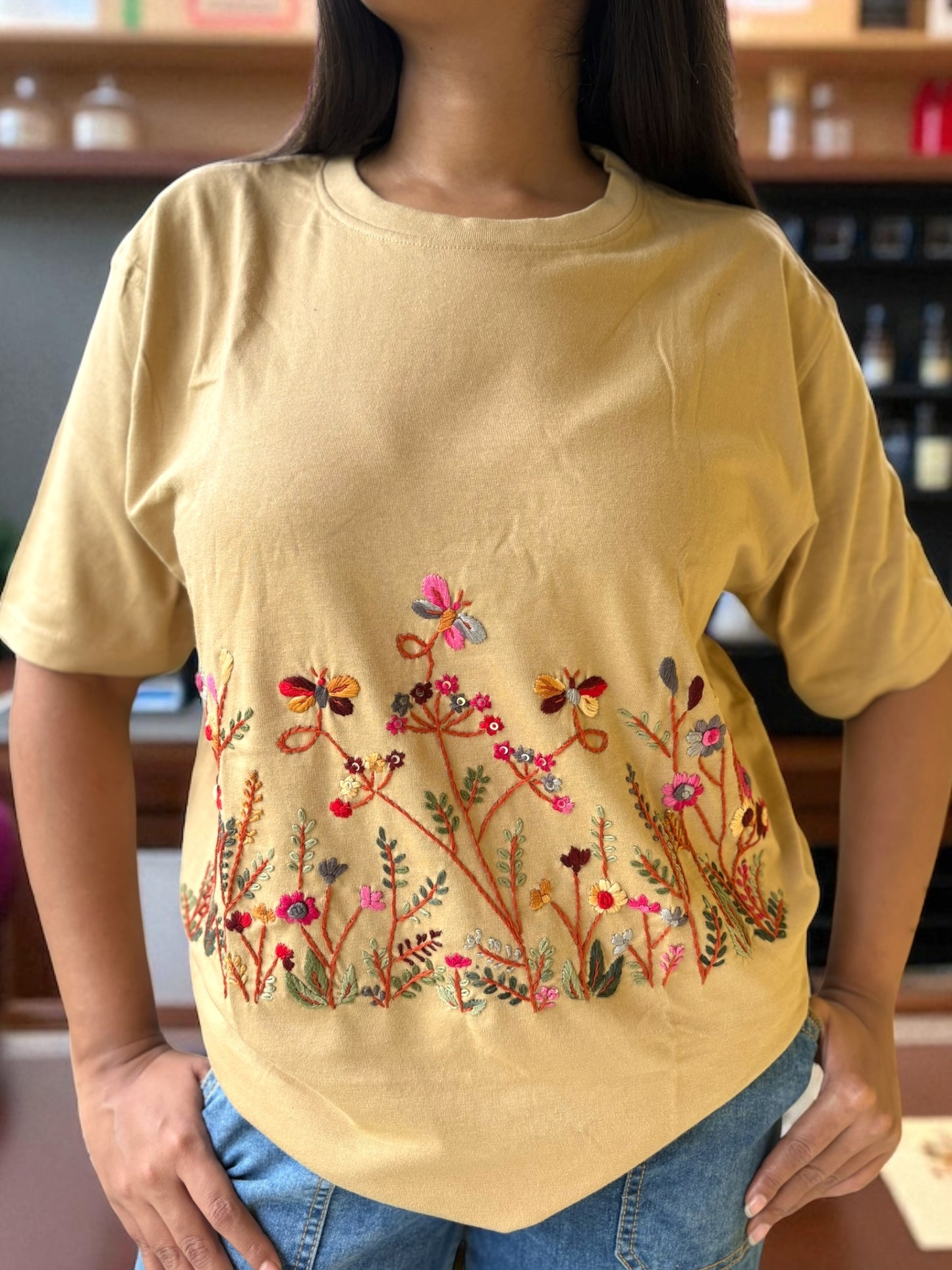 Hana Embroidered T-shirt Top - Beige Front