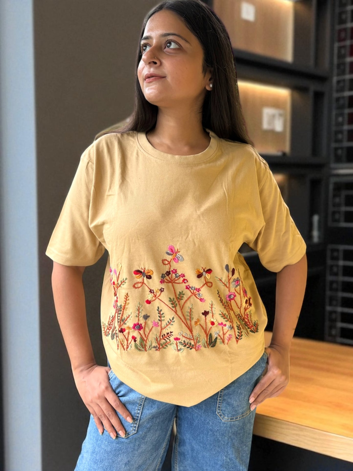 Hana Embroidered T-shirt Top - Beige Front