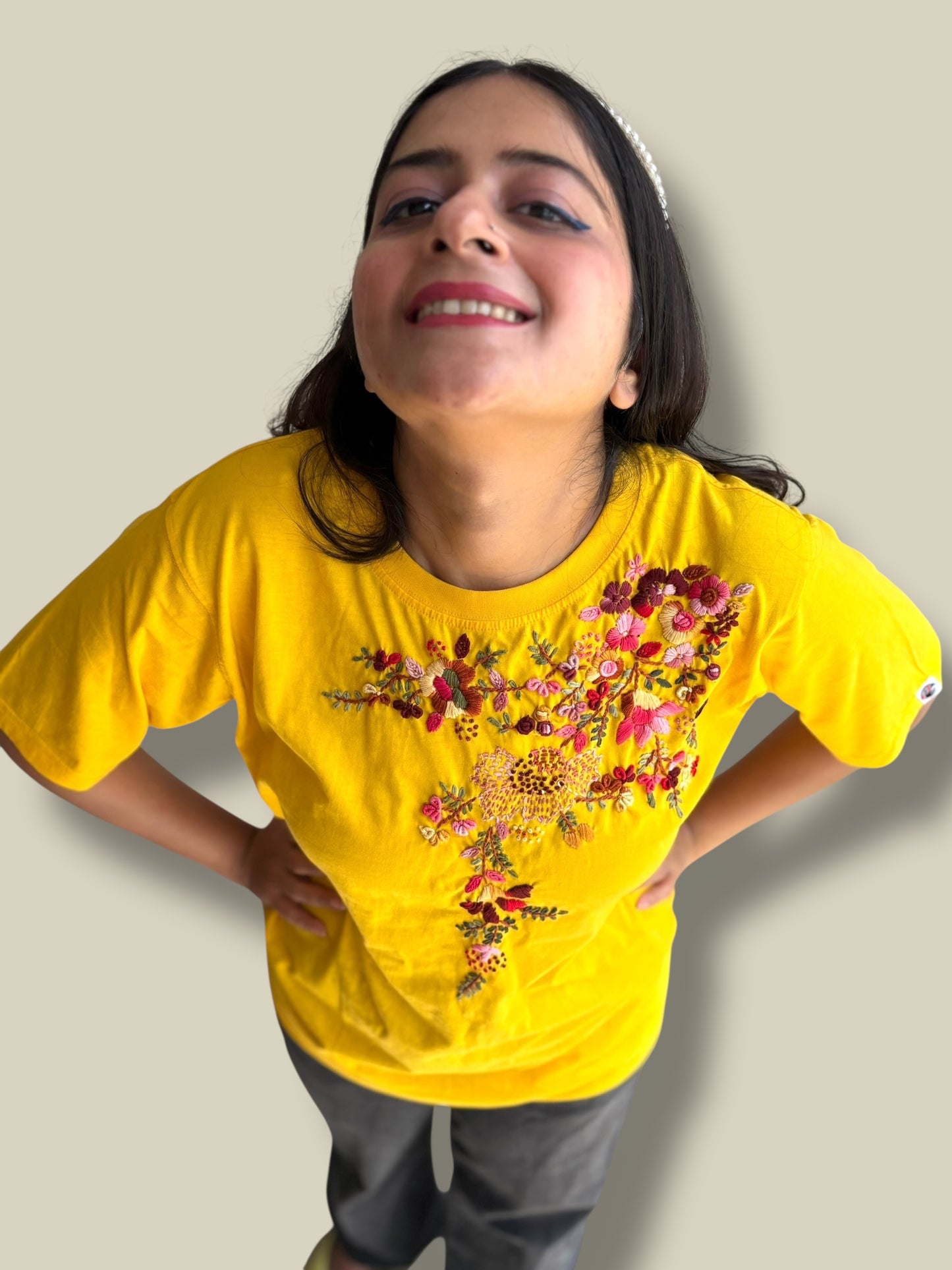 Hana Embroidered T-shirt Top - Yellow Shoulder