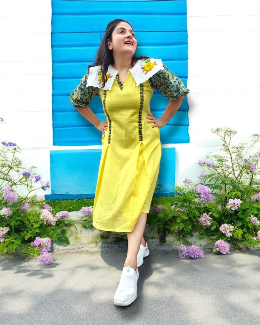 Sunshine Collared Puff Sleeved Midi Cotton Dress - Yellow