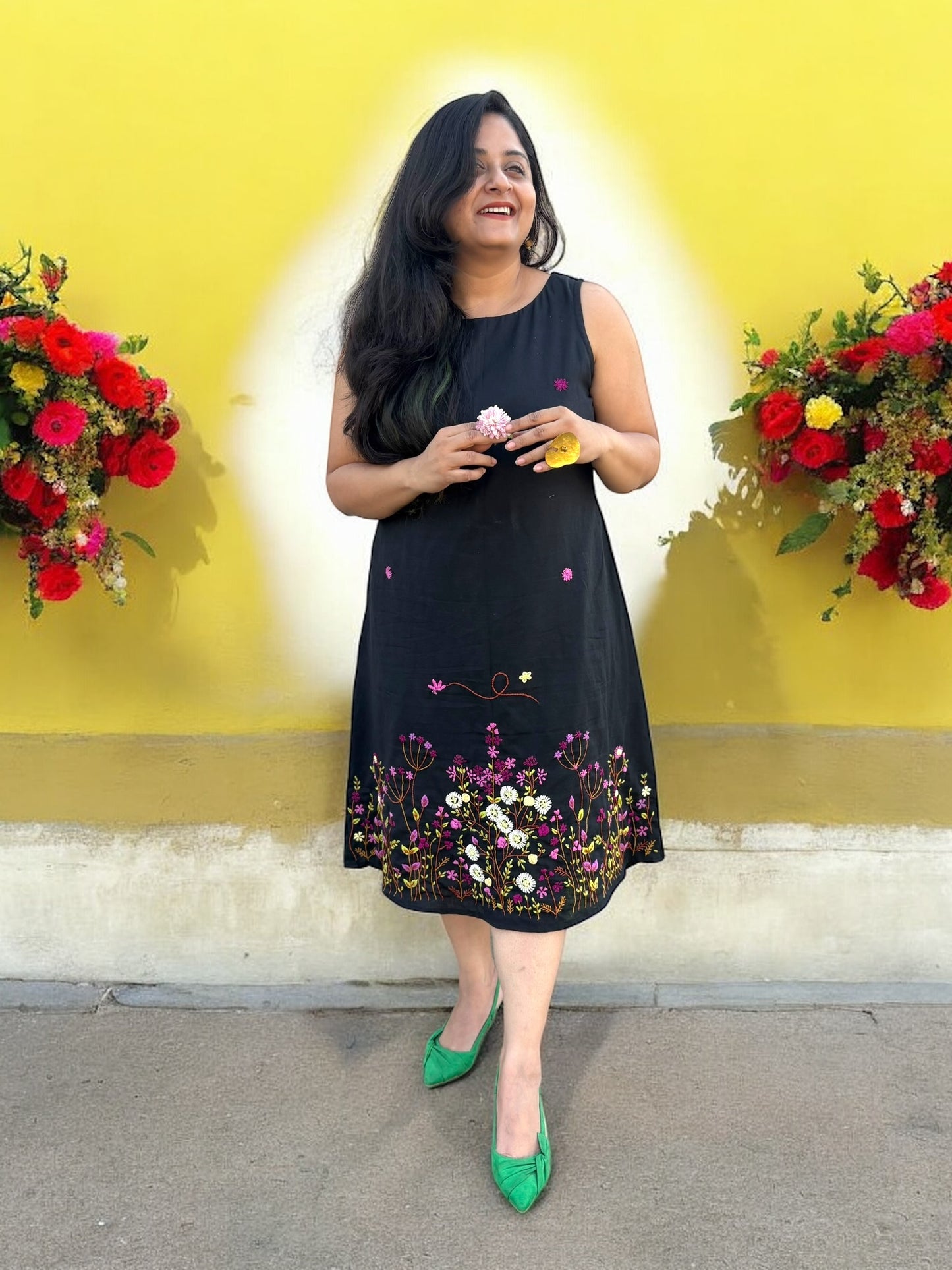 Bianca Embroidered Khadi Cotton A-line Dress - Black