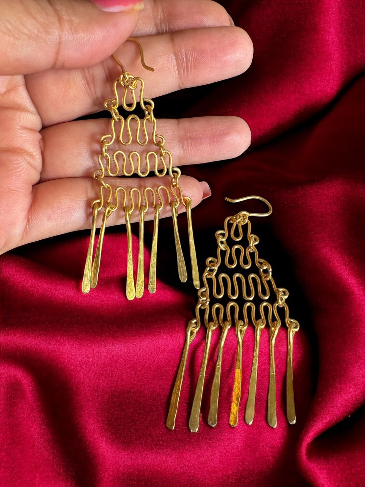 Chained Pyramid Chandelier Brass Dangler Earrings