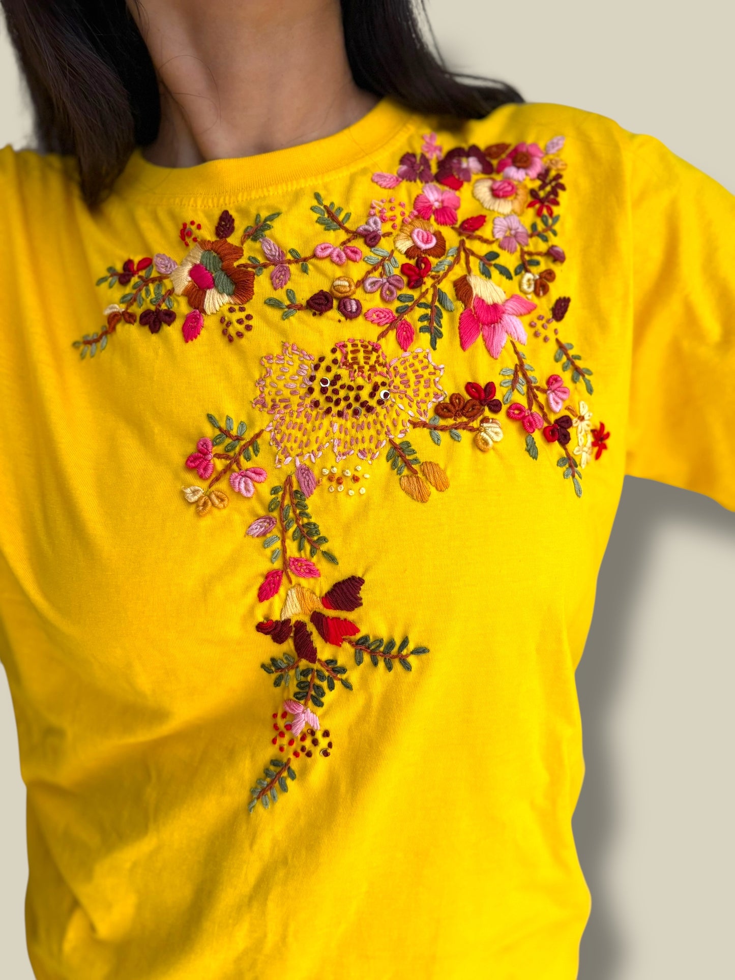 Hana Embroidered T-shirt Top - Yellow Shoulder