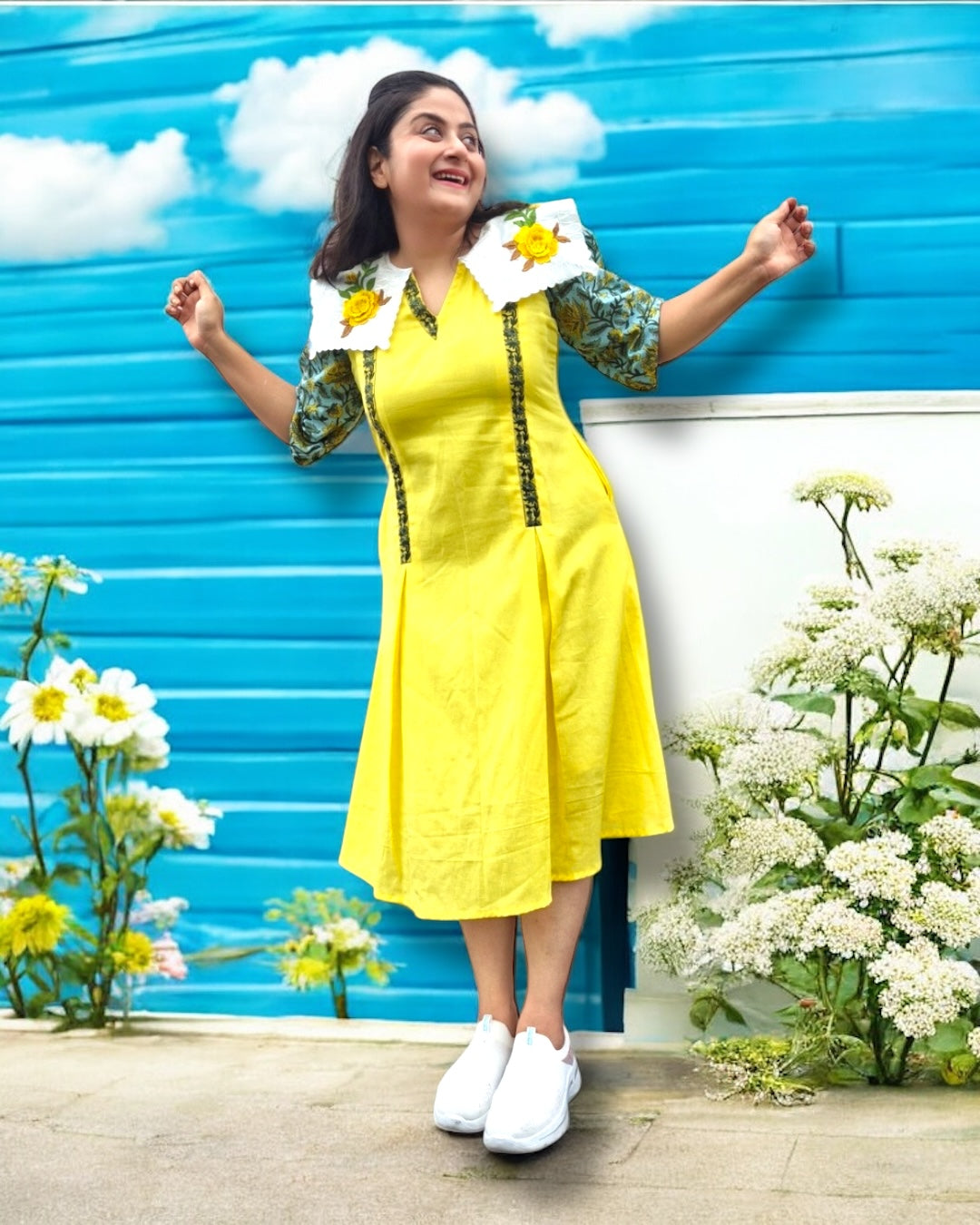 Sunshine Collared Puff Sleeved Midi Cotton Dress - Yellow