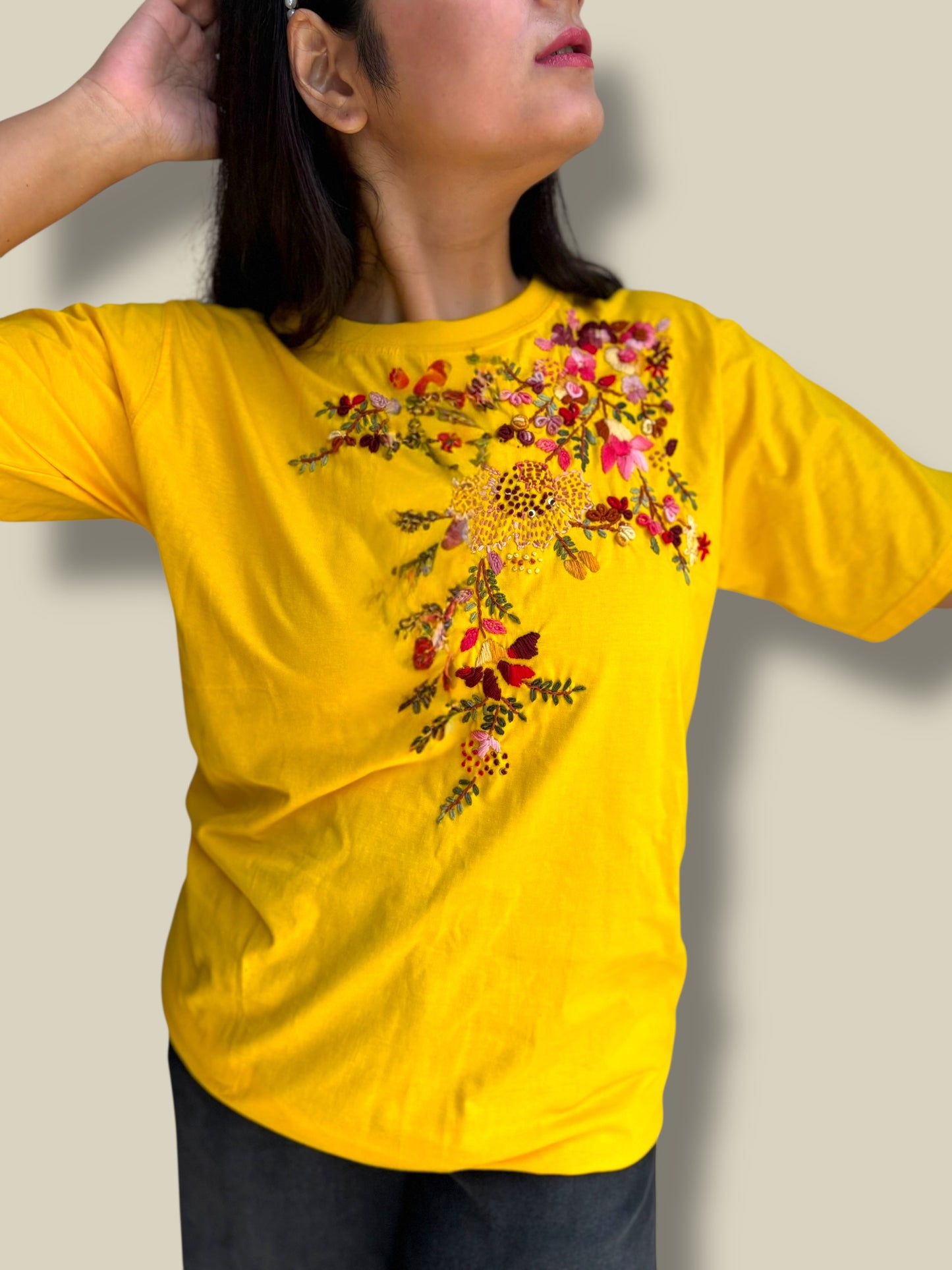 Hana Embroidered T-shirt Top - Yellow Shoulder