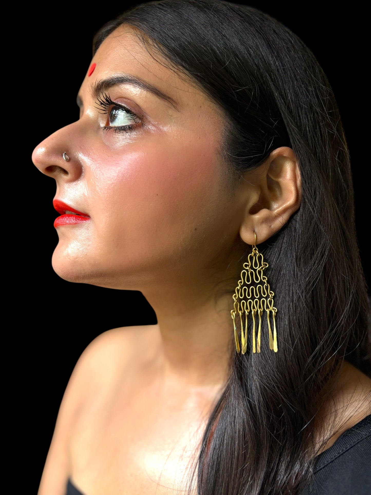 Chained Pyramid Chandelier Brass Dangler Earrings
