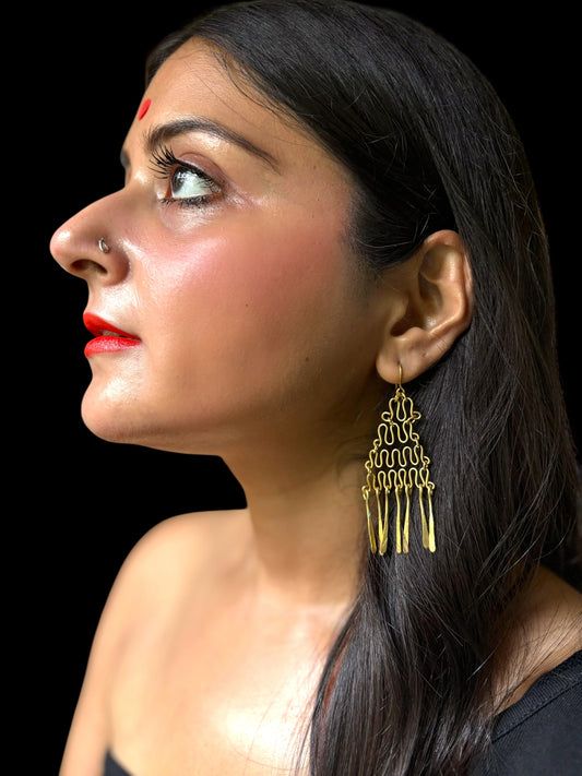 Chained Pyramid Chandelier Brass Dangler Earrings