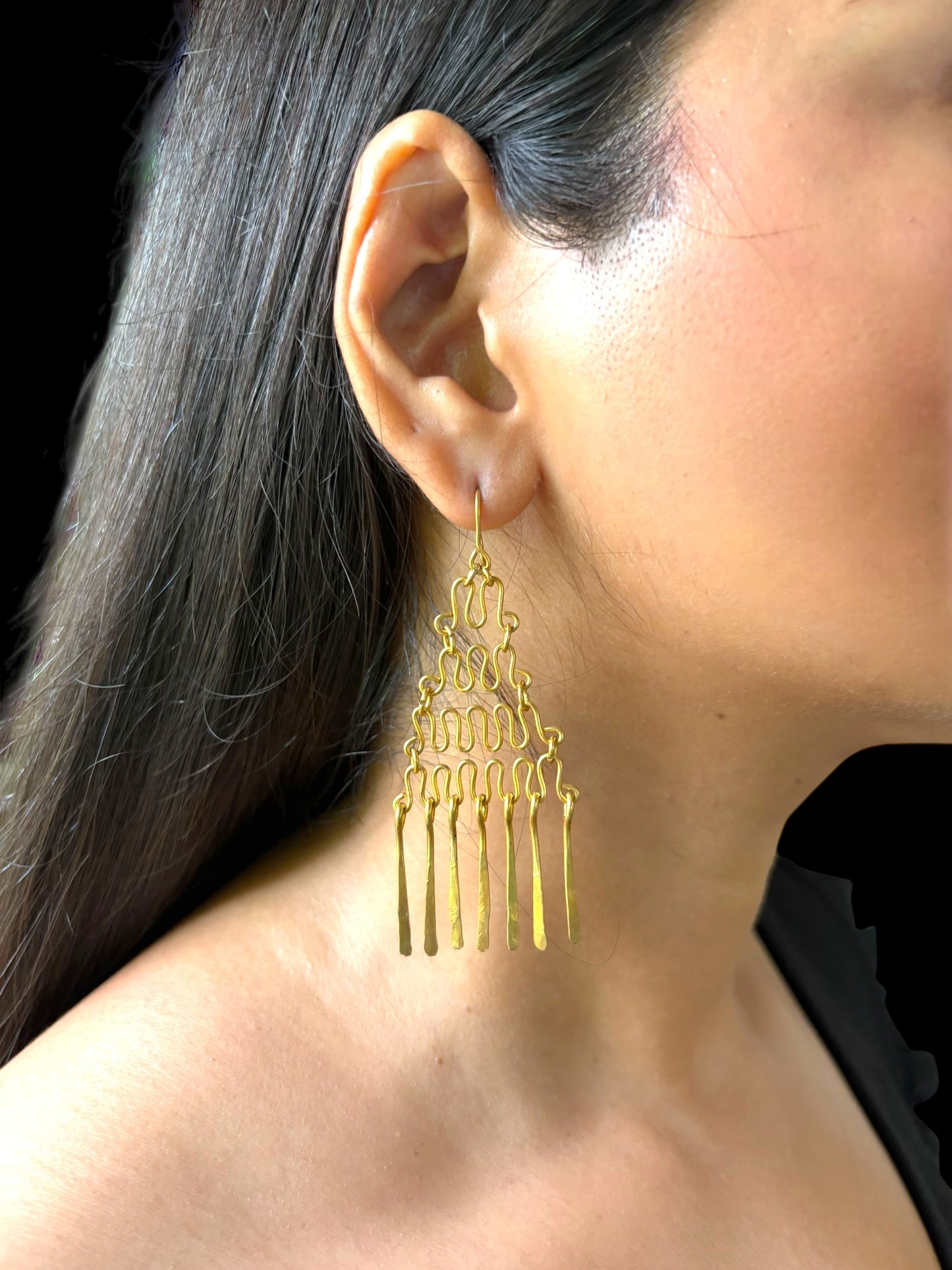 Chained Pyramid Chandelier Brass Dangler Earrings