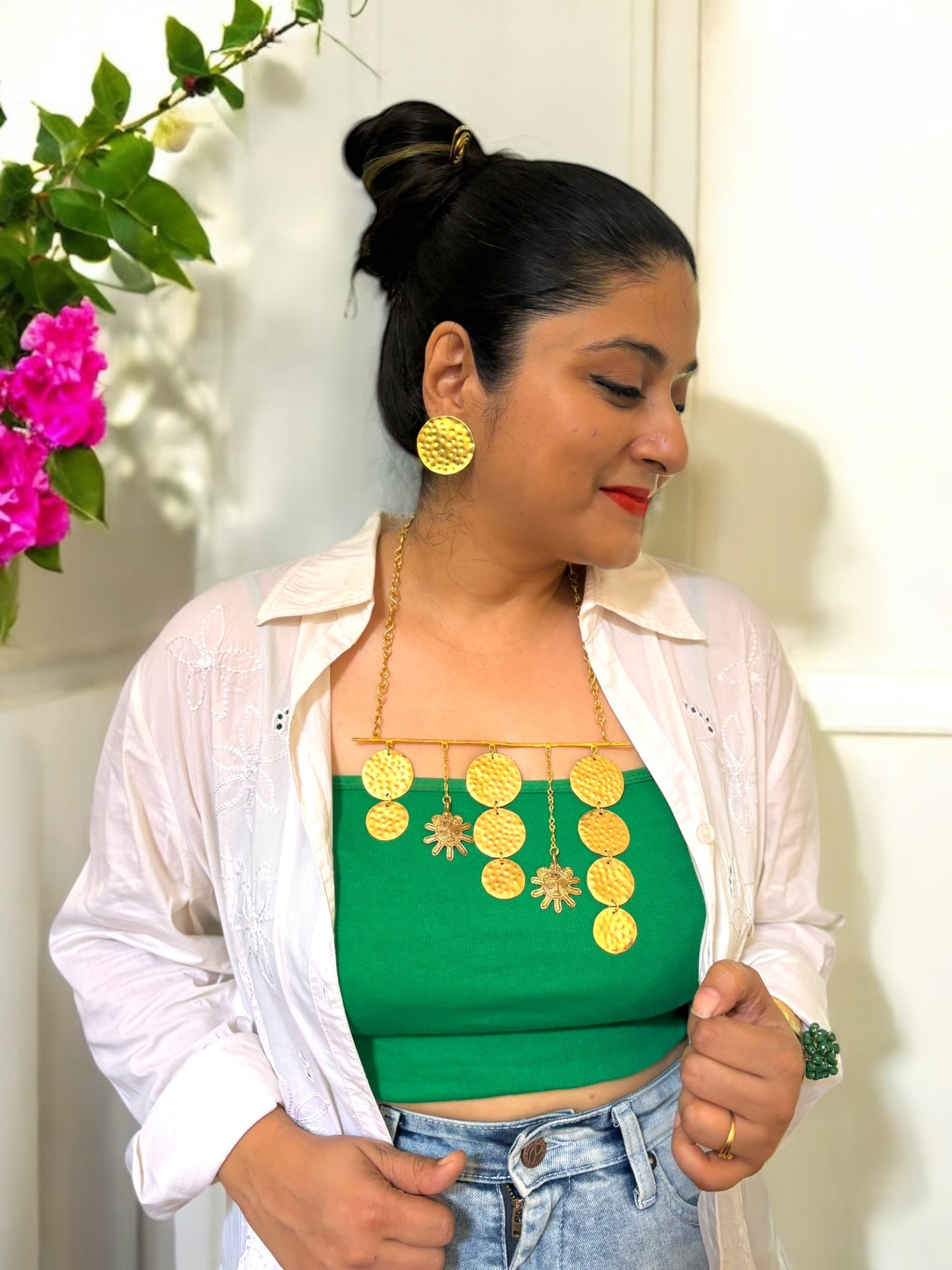 Celestia Dokra and Brass Statement Necklace Jewelry Set (Necklace+Earrings)