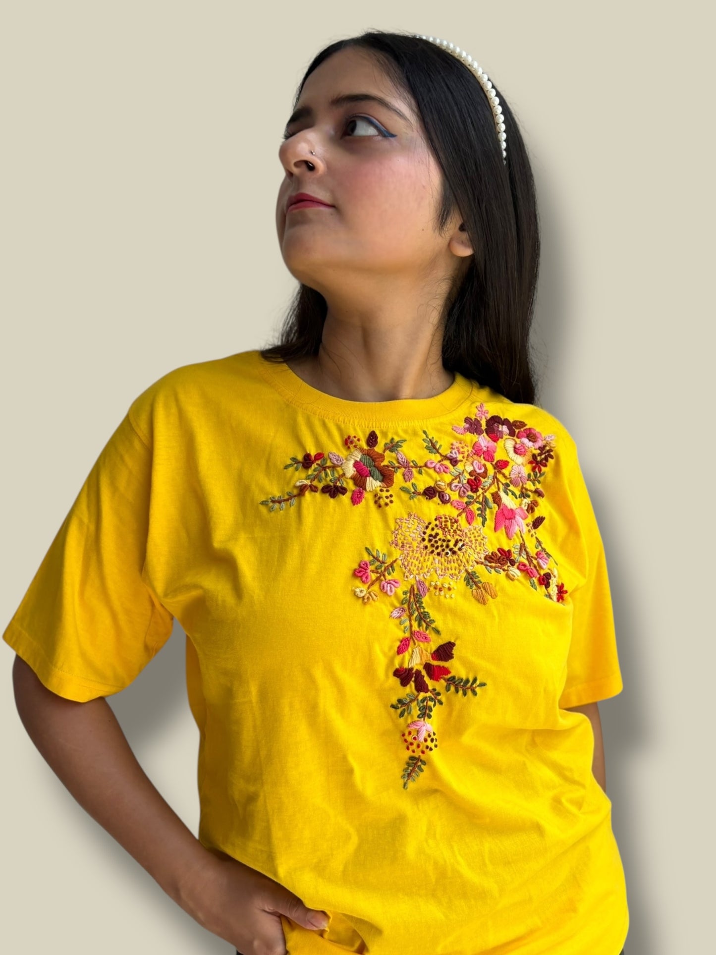 Hana Embroidered T-shirt Top - Yellow Shoulder