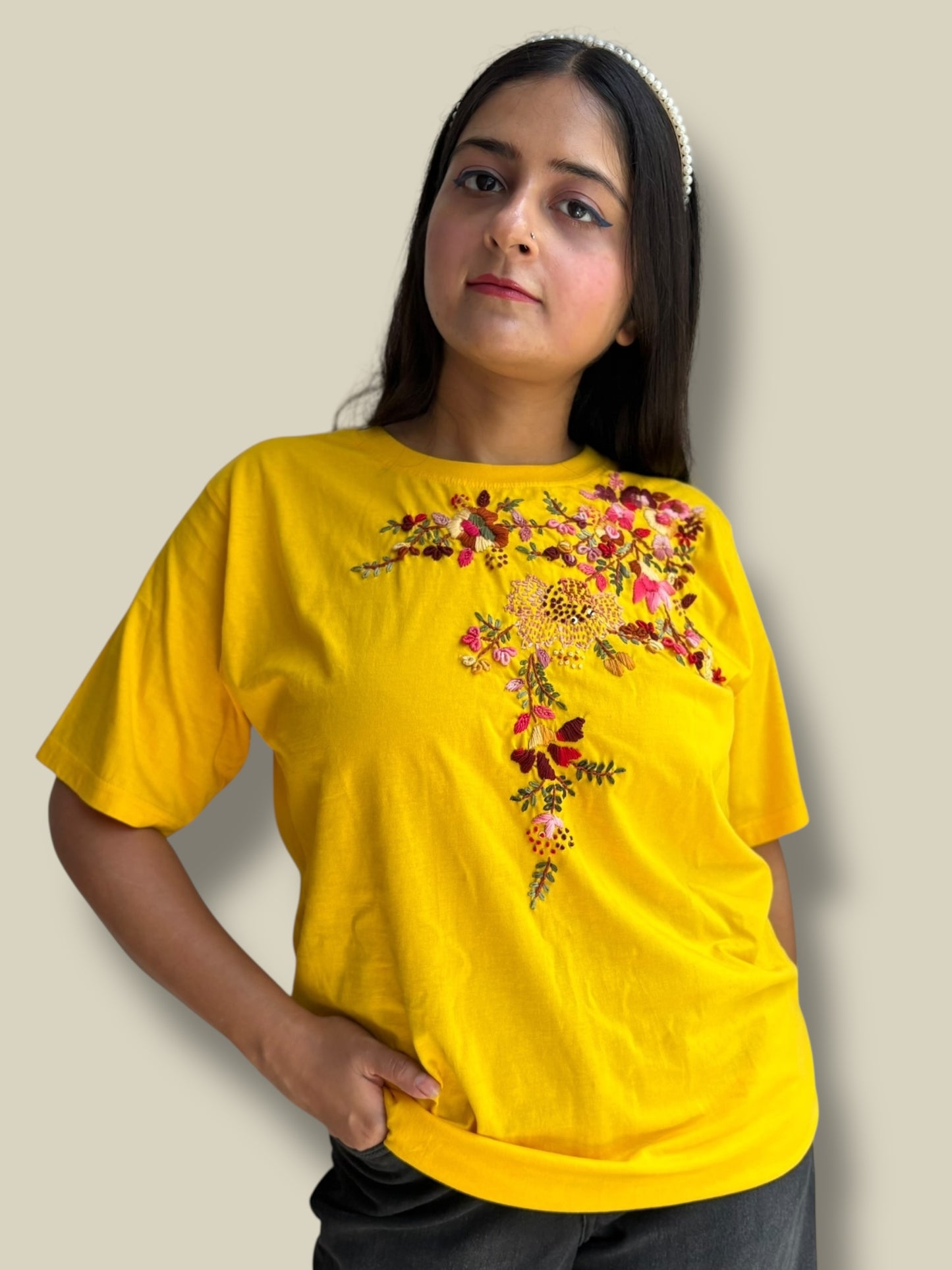 Hana Embroidered T-shirt Top - Yellow Shoulder