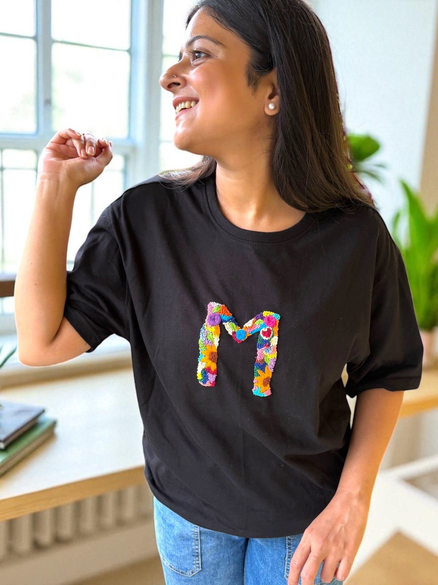 Hana Alphabet Embroidered T-shirt Top -“M” Black