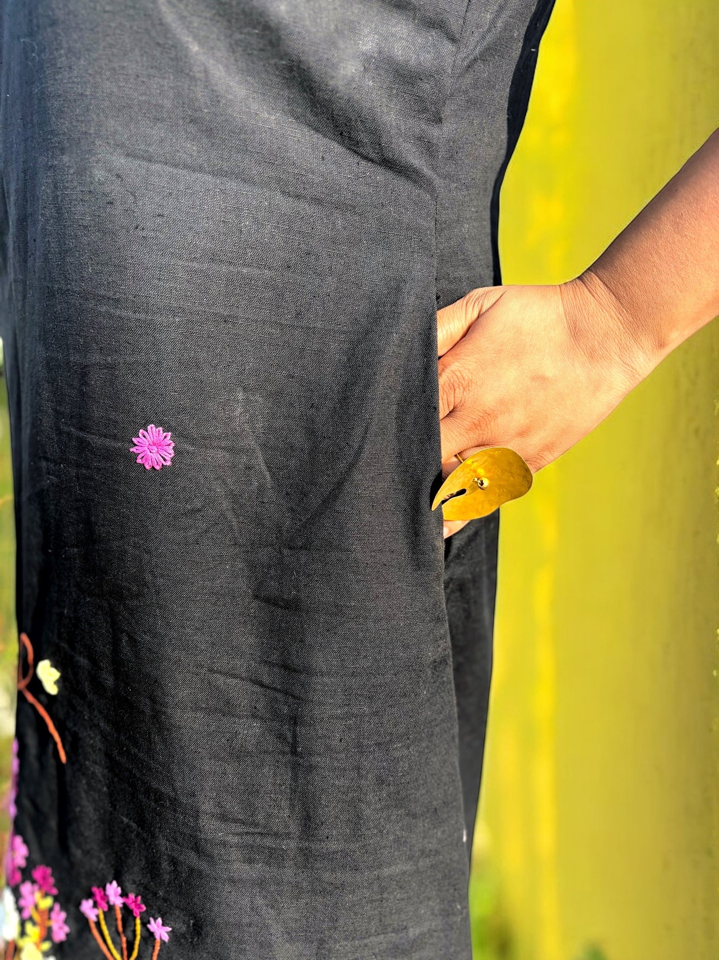 Bianca Embroidered Khadi Cotton A-line Dress - Black