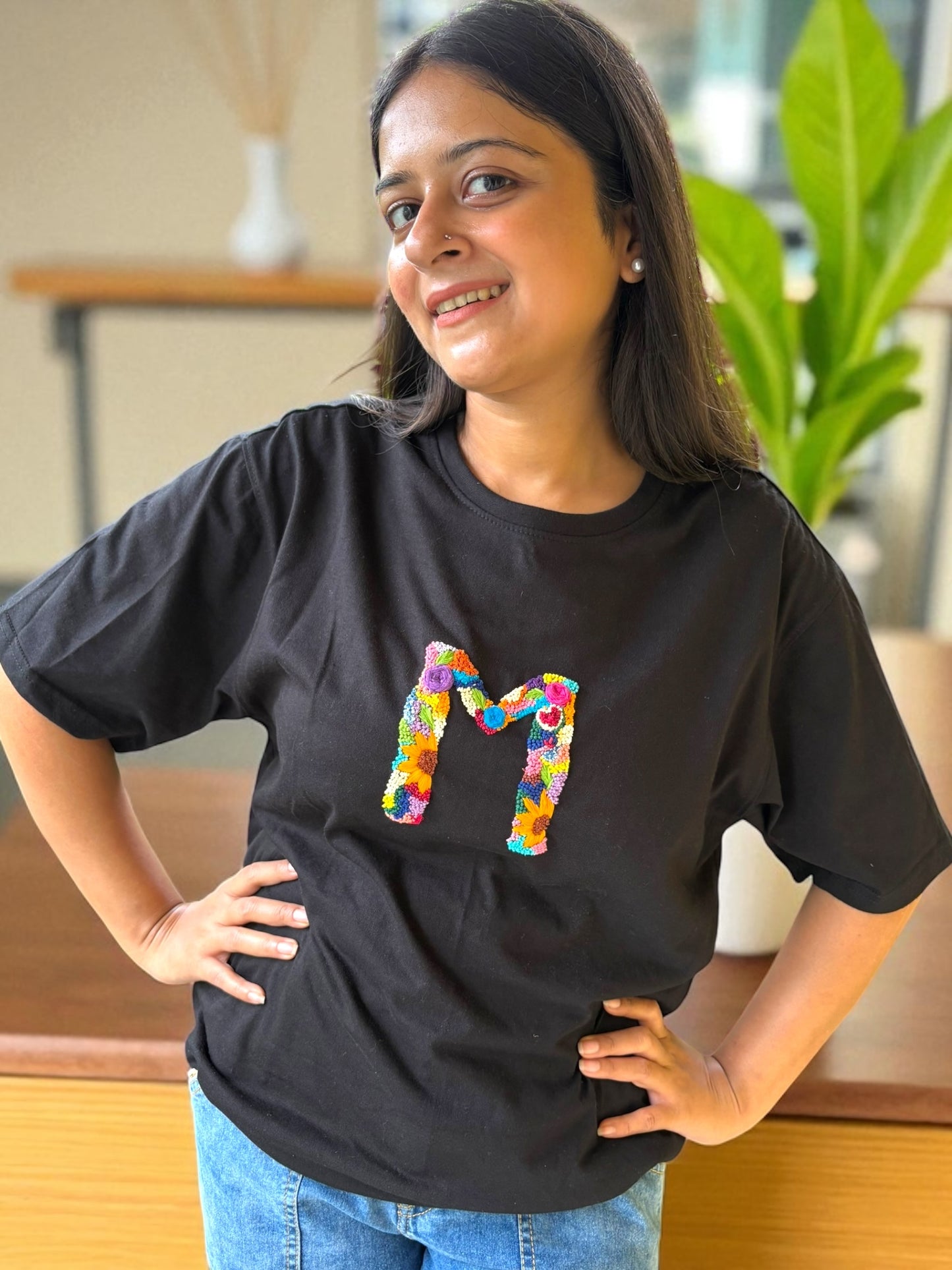 Hana Alphabet Embroidered T-shirt Top -“M” Black