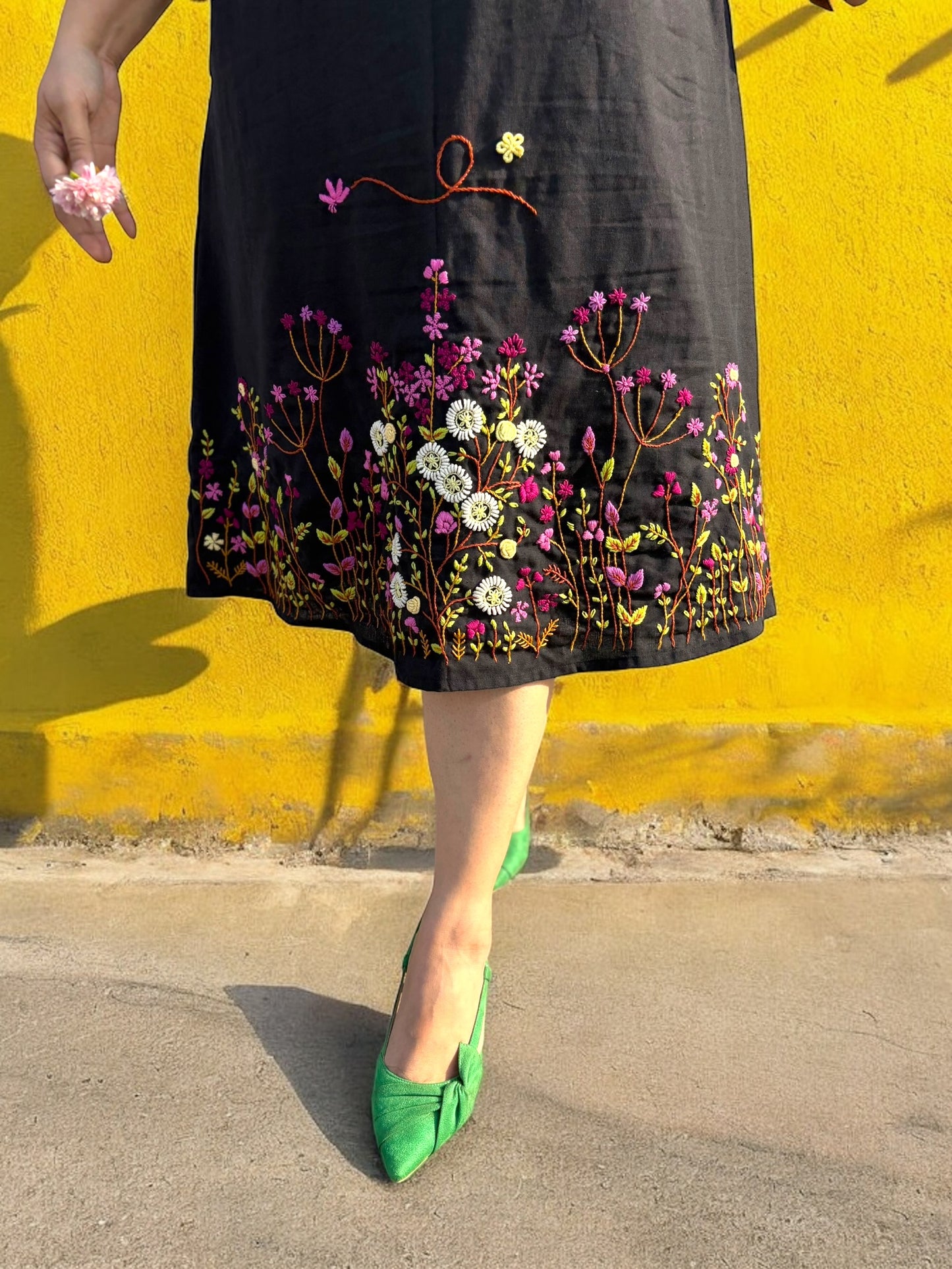 Bianca Embroidered Khadi Cotton A-line Dress - Black