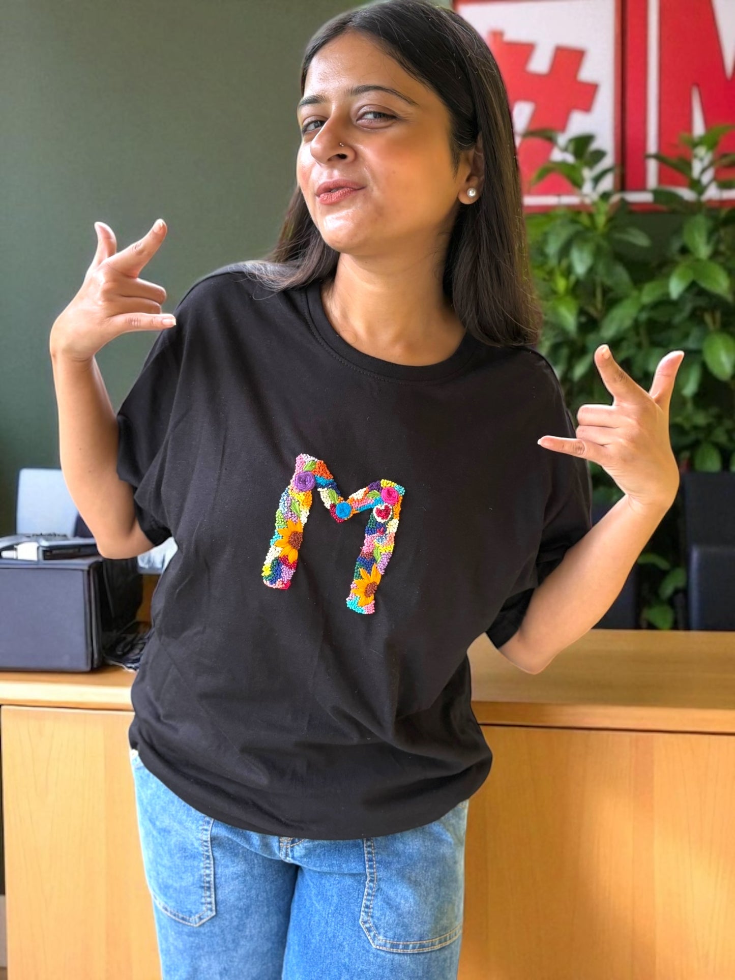 Hana Alphabet Embroidered T-shirt Top -“M” Black